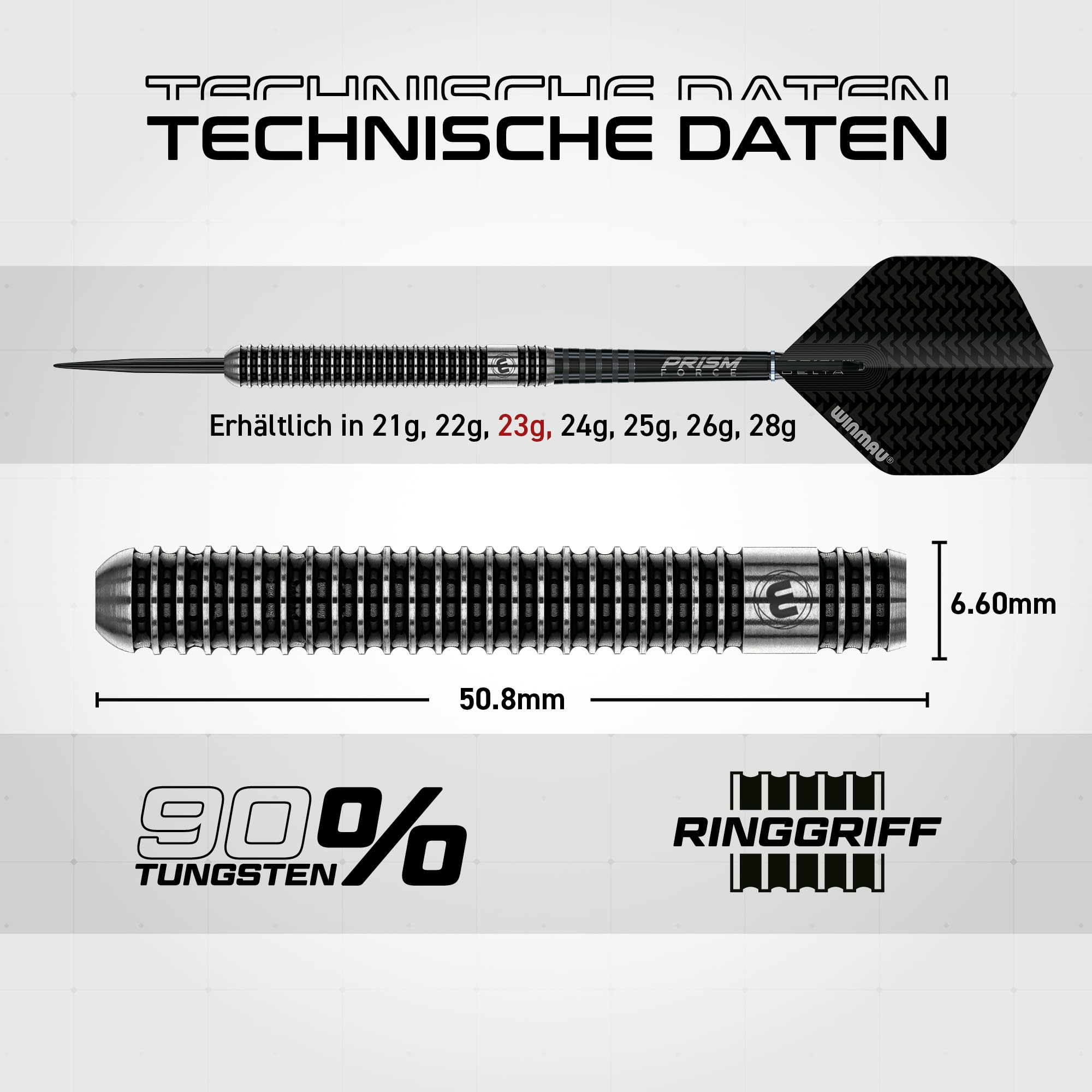 Dati tecnici di una freccetta Winmau con il 90% di tungsteno, lunghezza 50.8mm e diametro 6.60mm.