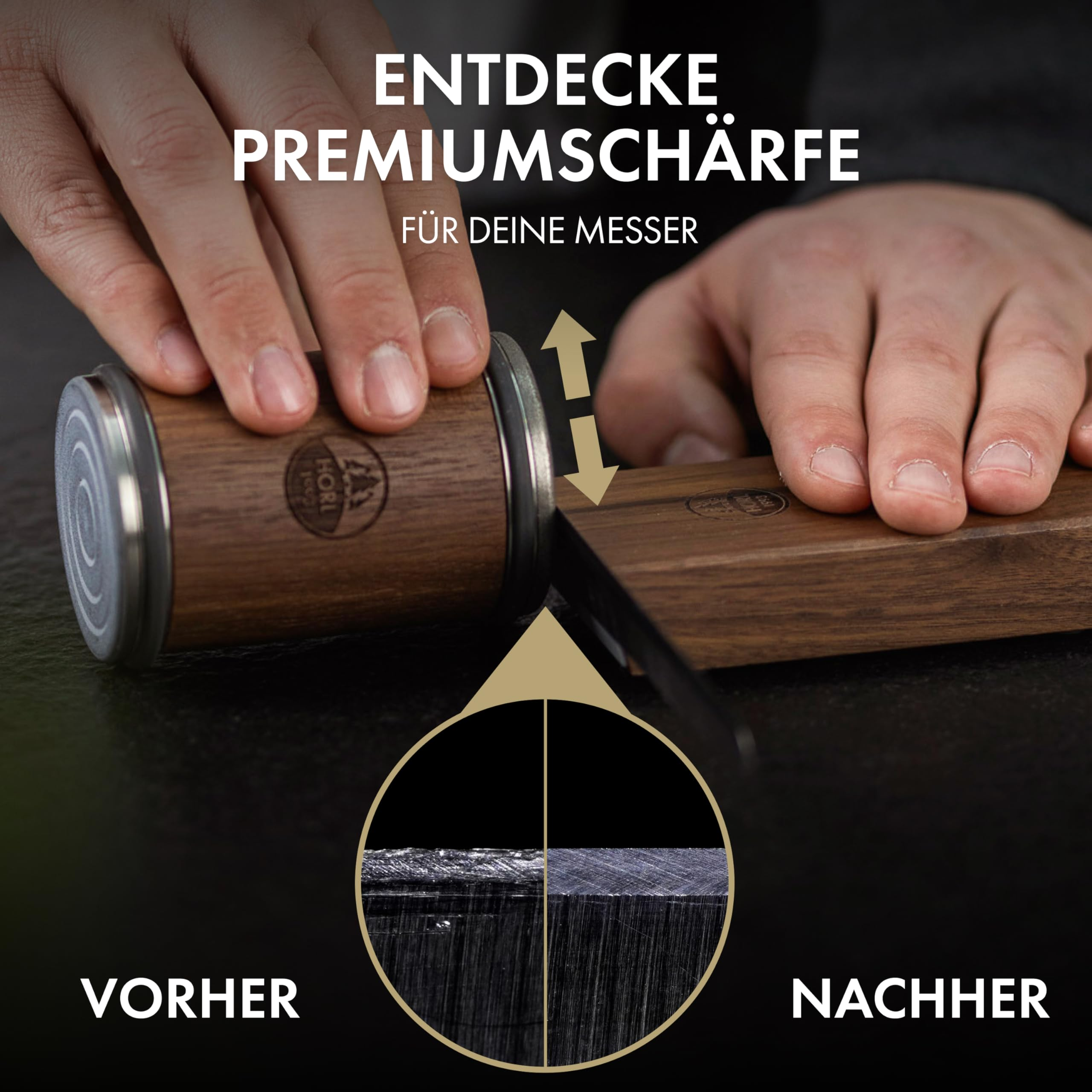 Hände nutzen einen Holzschleifer und -block zum Schärfen eines Messers, mit Vergleich vor und nachher.