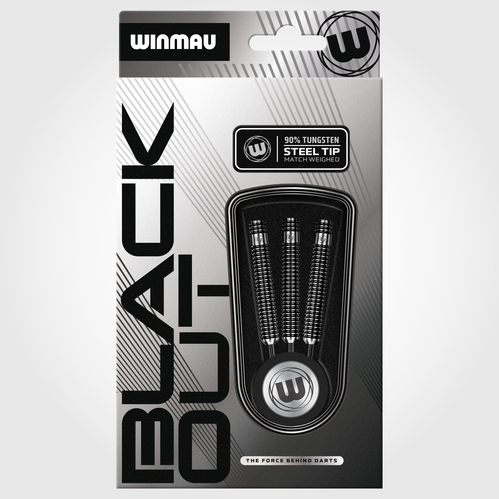 Confezione di freccette Winmau Blackout con tre freccette punta in acciaio e logo.