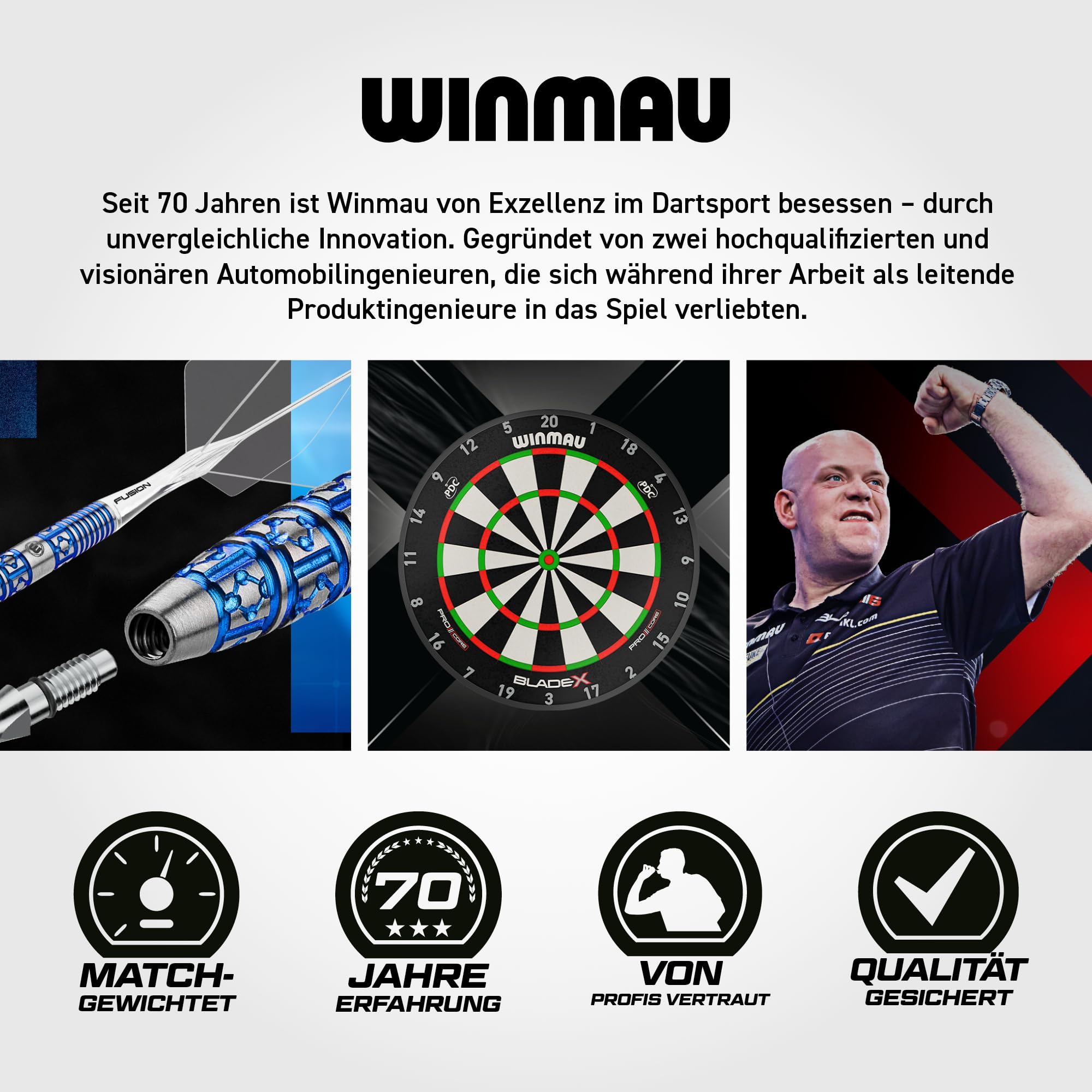 Pubblicità Winmau con freccette, bersaglio, giocatore e icone di qualità.
