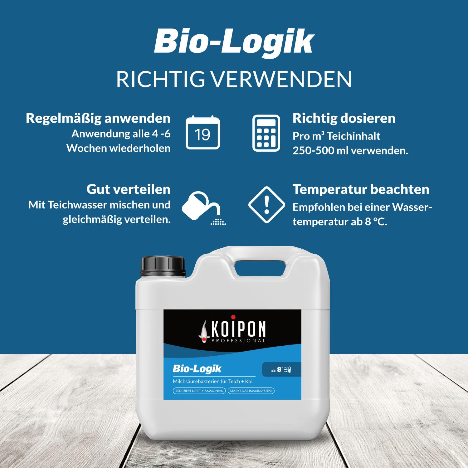 Instructions pour le produit de bassin Bio-Logik avec un bidon blanc sur fond en bois et arrière-plan bleu.