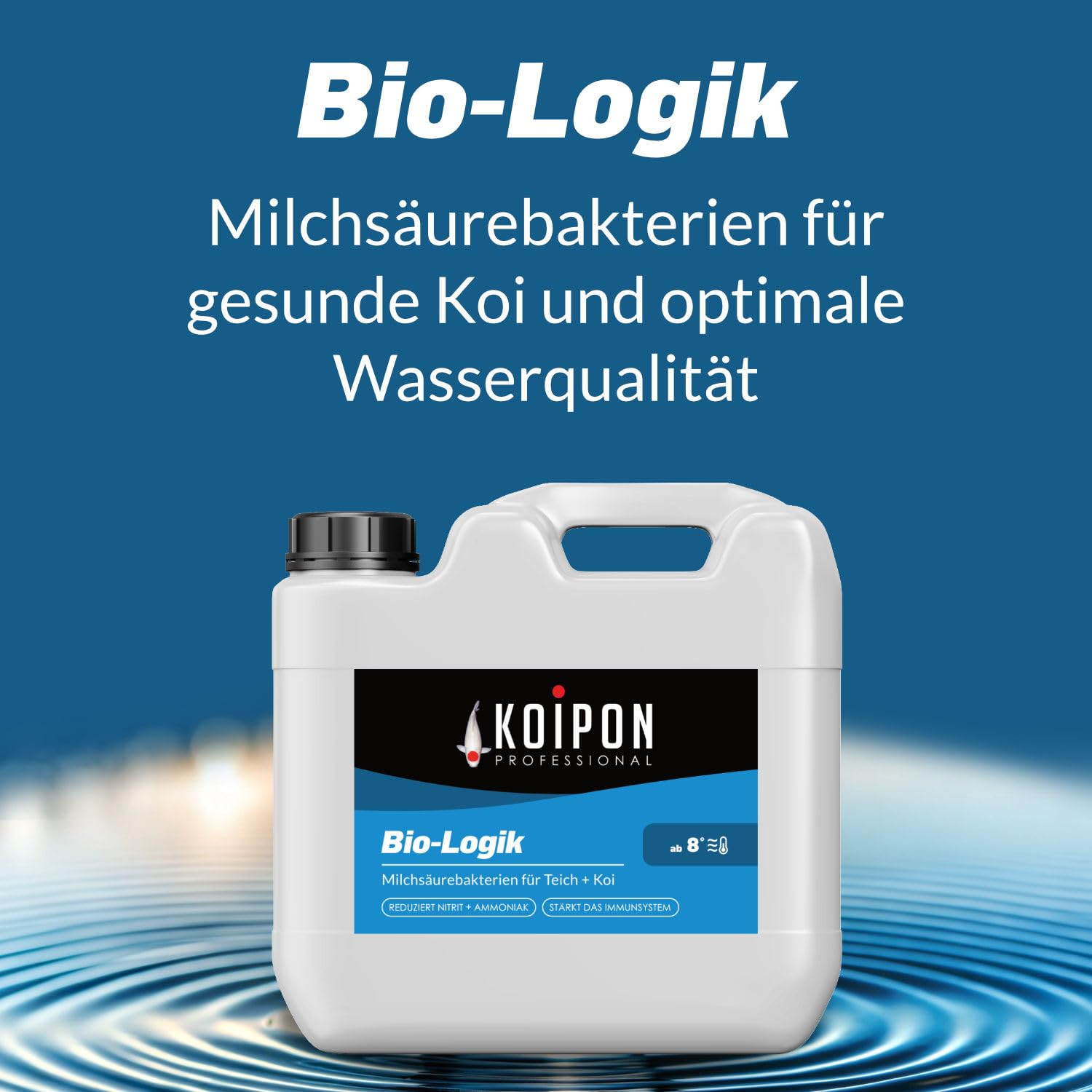 Un bidon blanc avec un bouchon noir et l'étiquette Koipon Bio-Logik sur fond bleu avec motif d'eau.