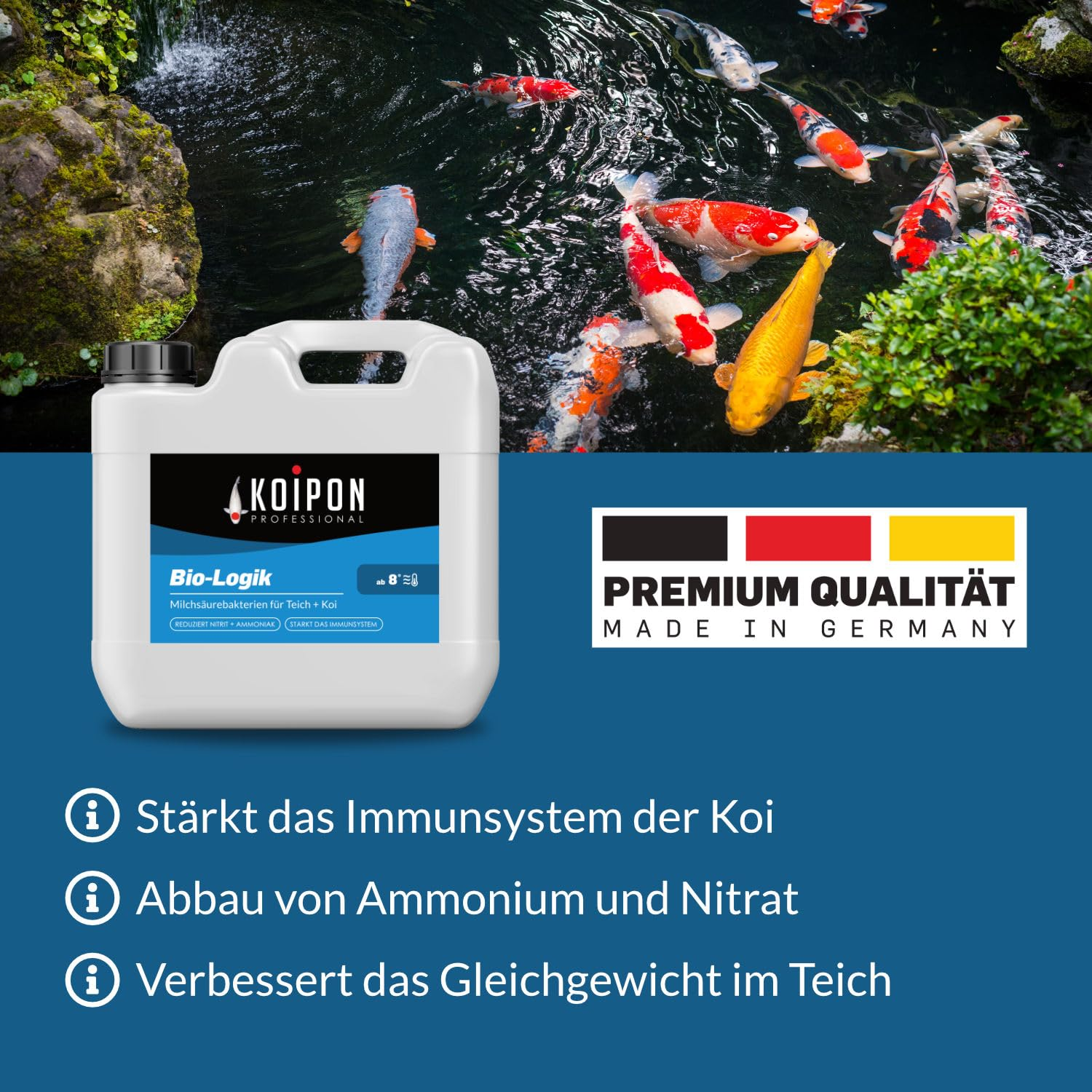 Produit d'entretien pour bassin de koïs dans un bidon blanc devant un étang.