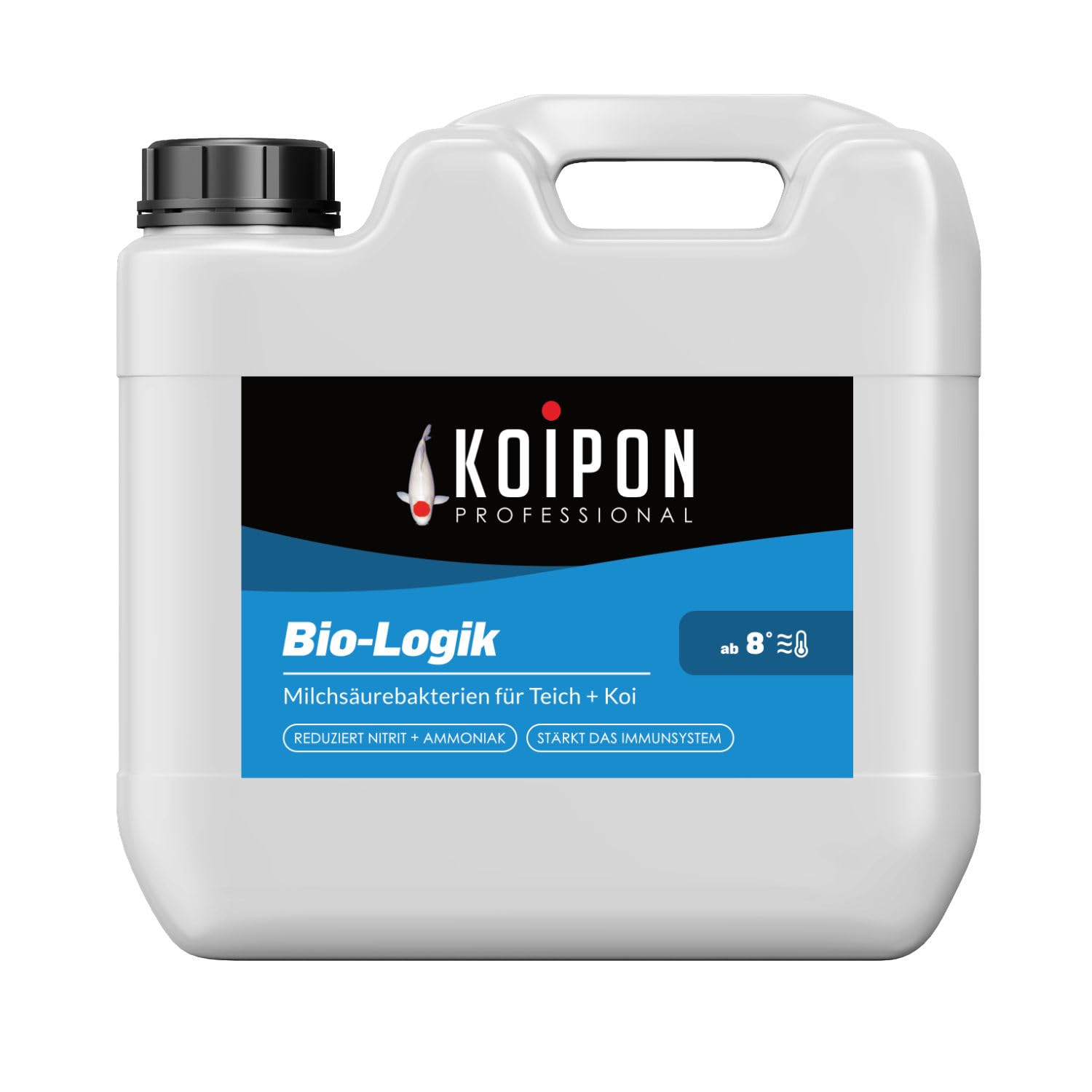 Bidon en plastique blanc avec bouchon noir et étiquette pour bassin Koipon.