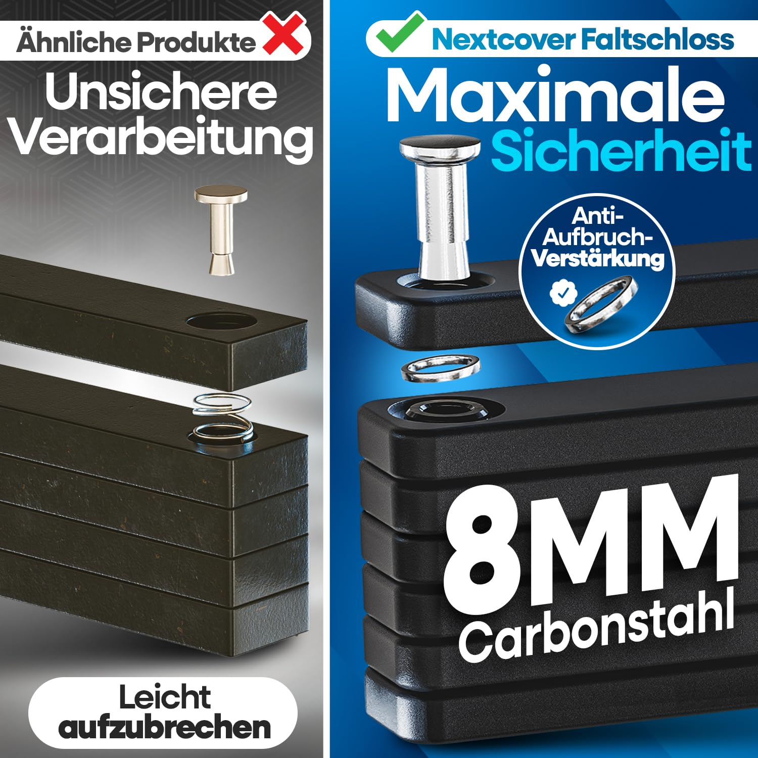 Comparaison d'antivols pliables : À gauche acier fin, à droite acier au carbone de 8mm avec anneaux renforcés.