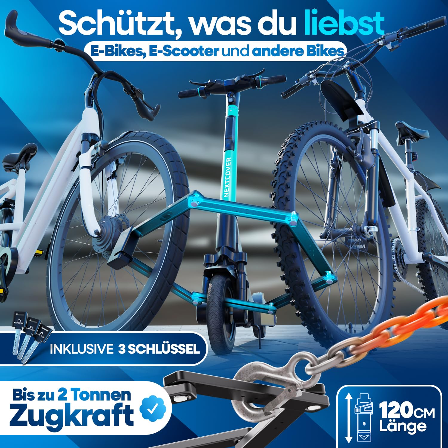 Publicité bleue pour antivol avec deux vélos électriques, une trottinette, des clés et une chaîne sur fond bleu.