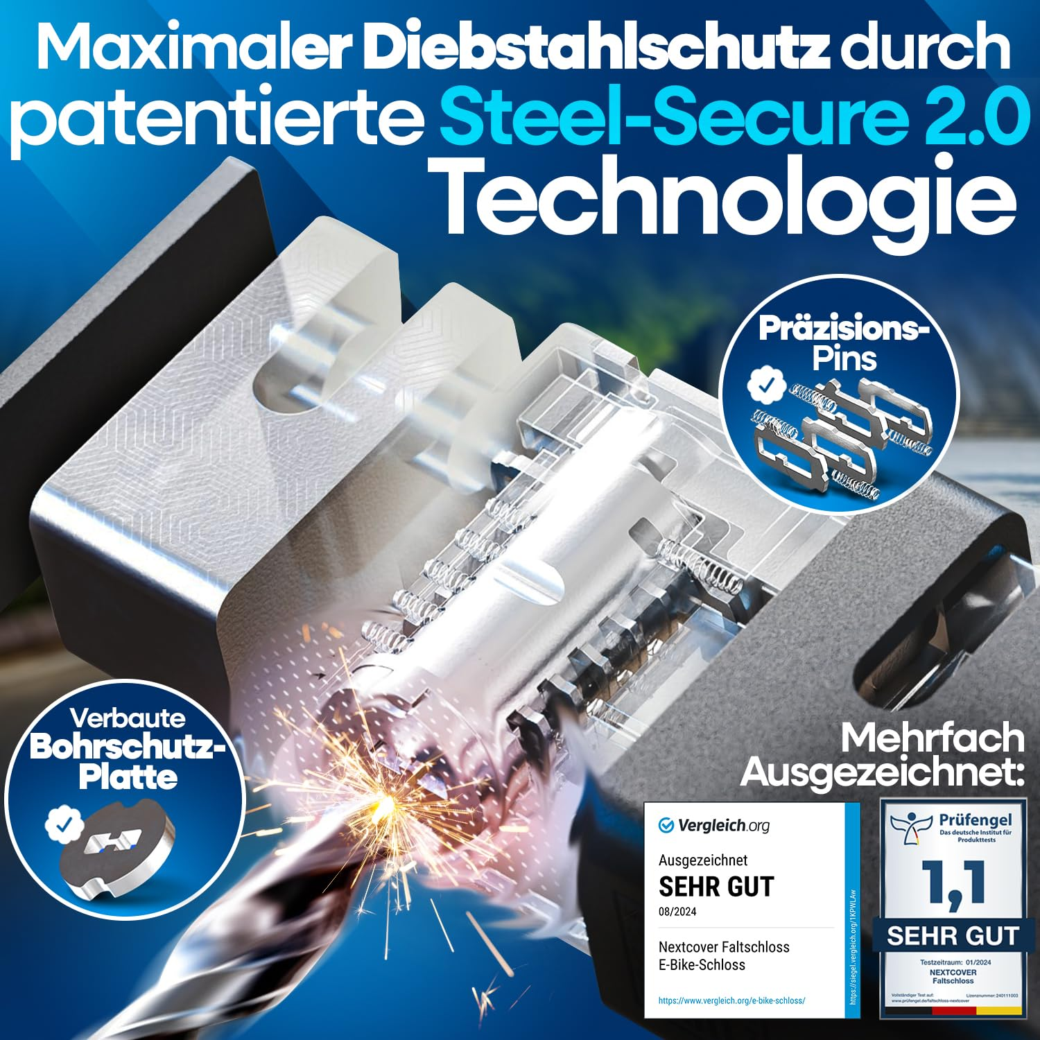 Vue en coupe d'un antivol de vélo montrant la technologie Steel-Secure et la plaque de protection.