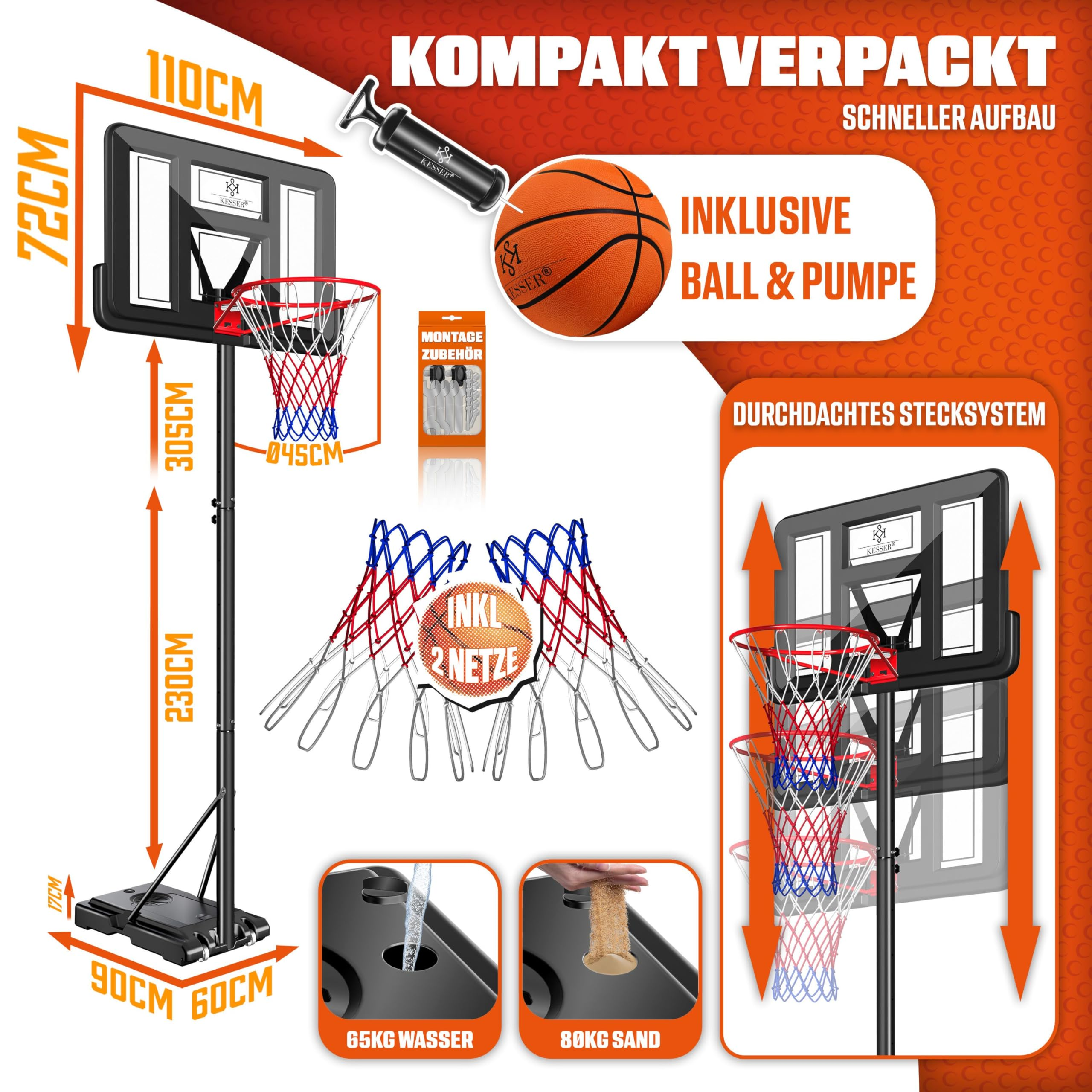 Canestro da basket con altezza regolabile, pallone, pompa e dimensioni su sfondo arancione.