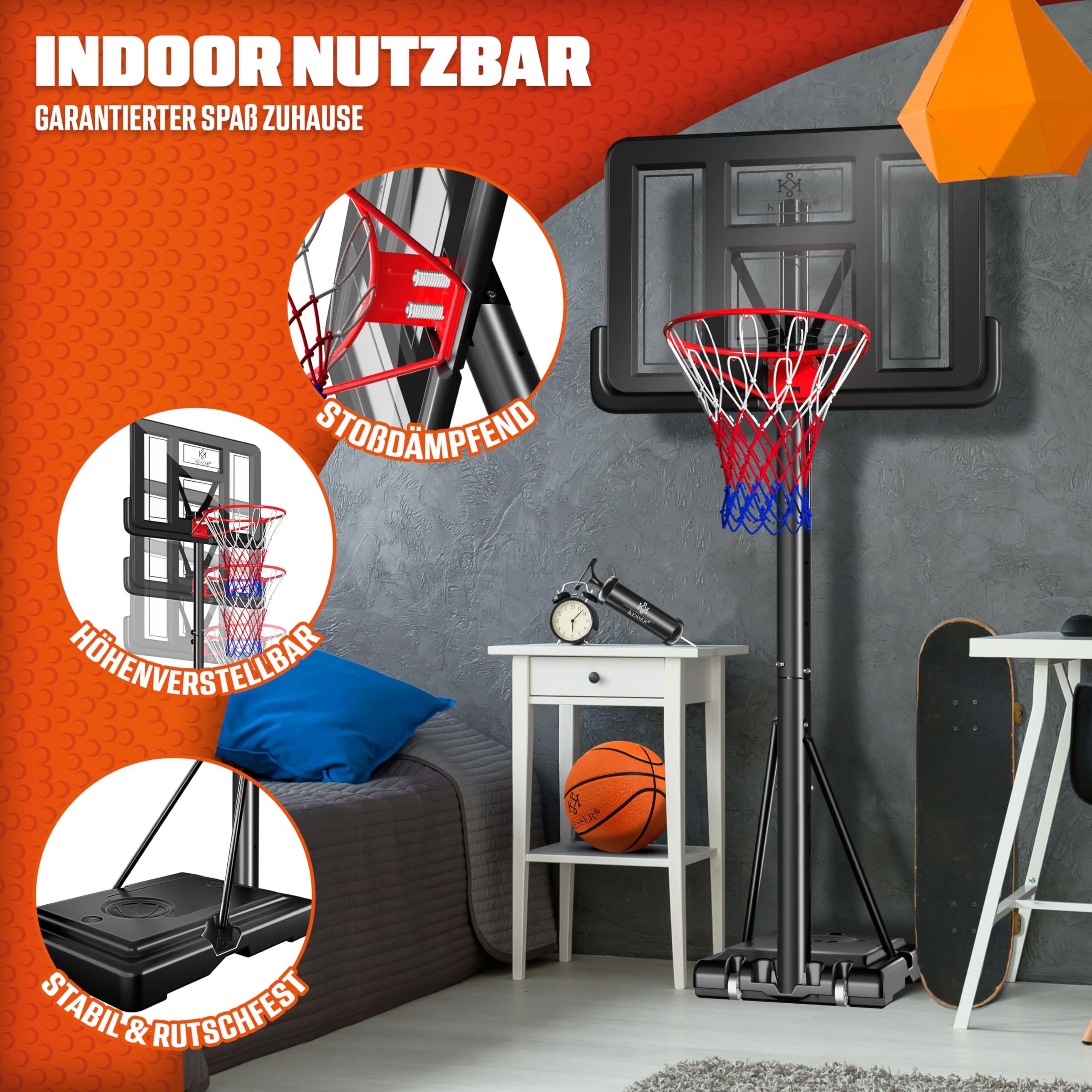 Canestro da basket da interno con ammortizzatore, altezza regolabile e base stabile in una camera.