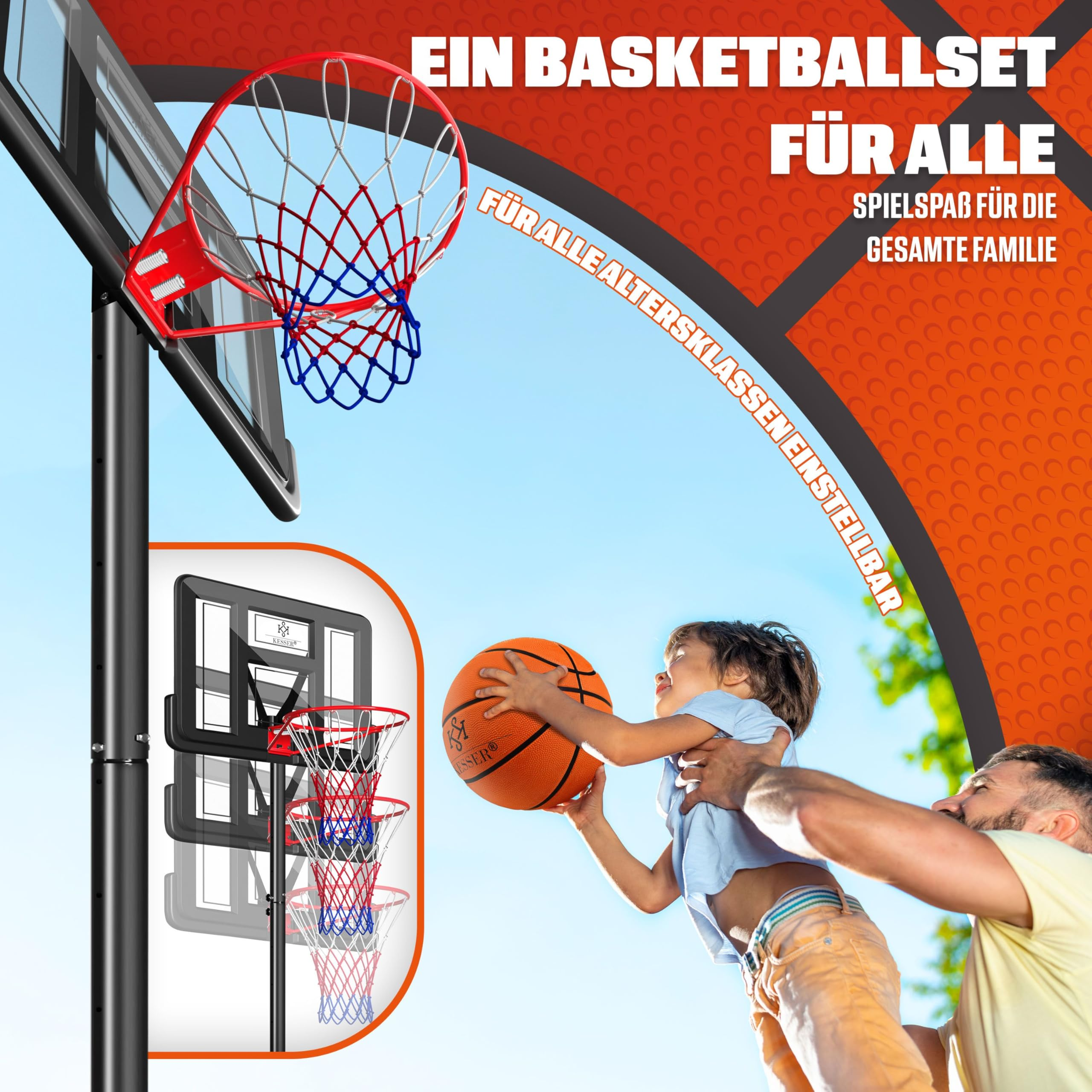 Un padre aiuta il suo bambino a fare canestro con un pallone da basket.