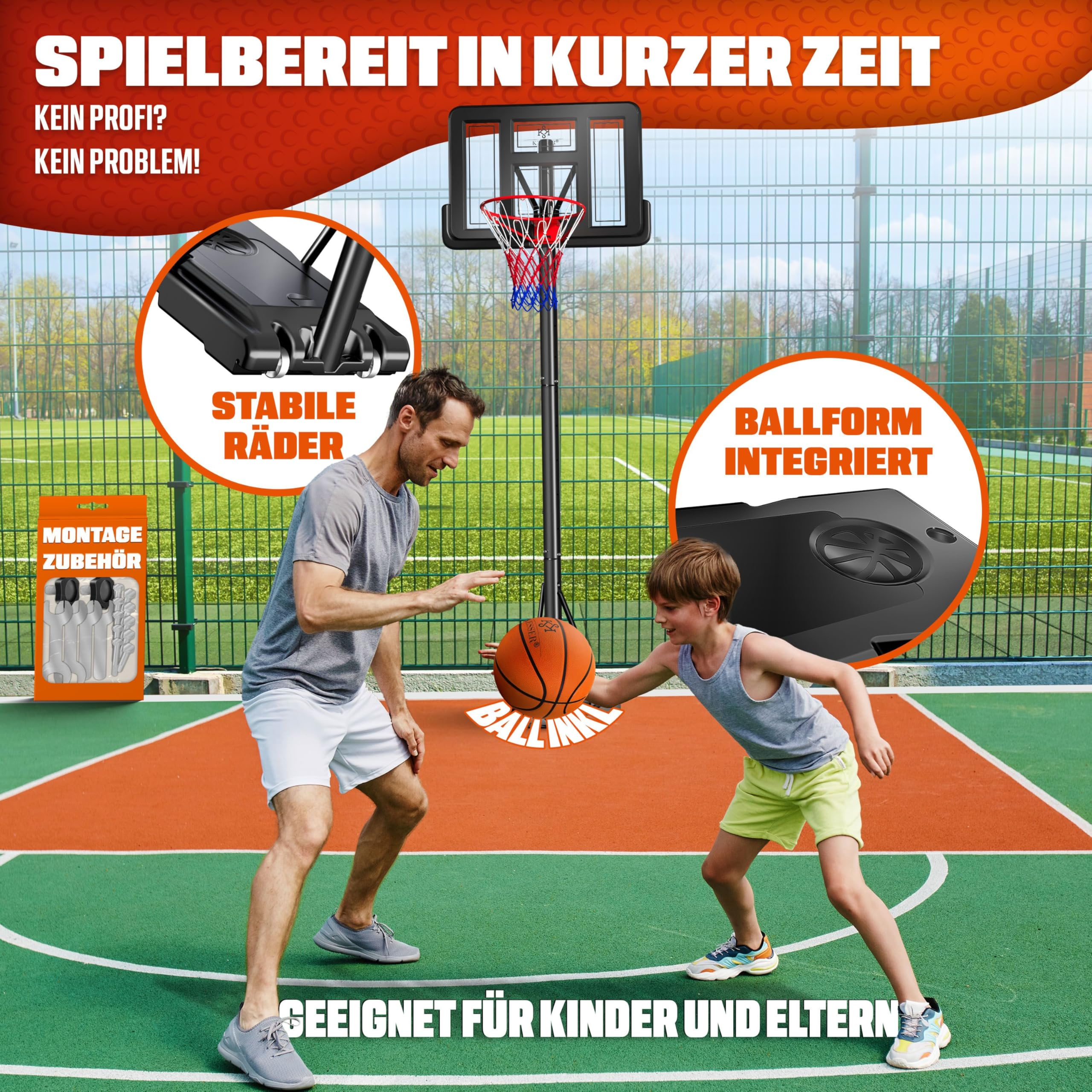 Un padre e un figlio giocano a basket su un campo all'aperto con inserti di prodotto.