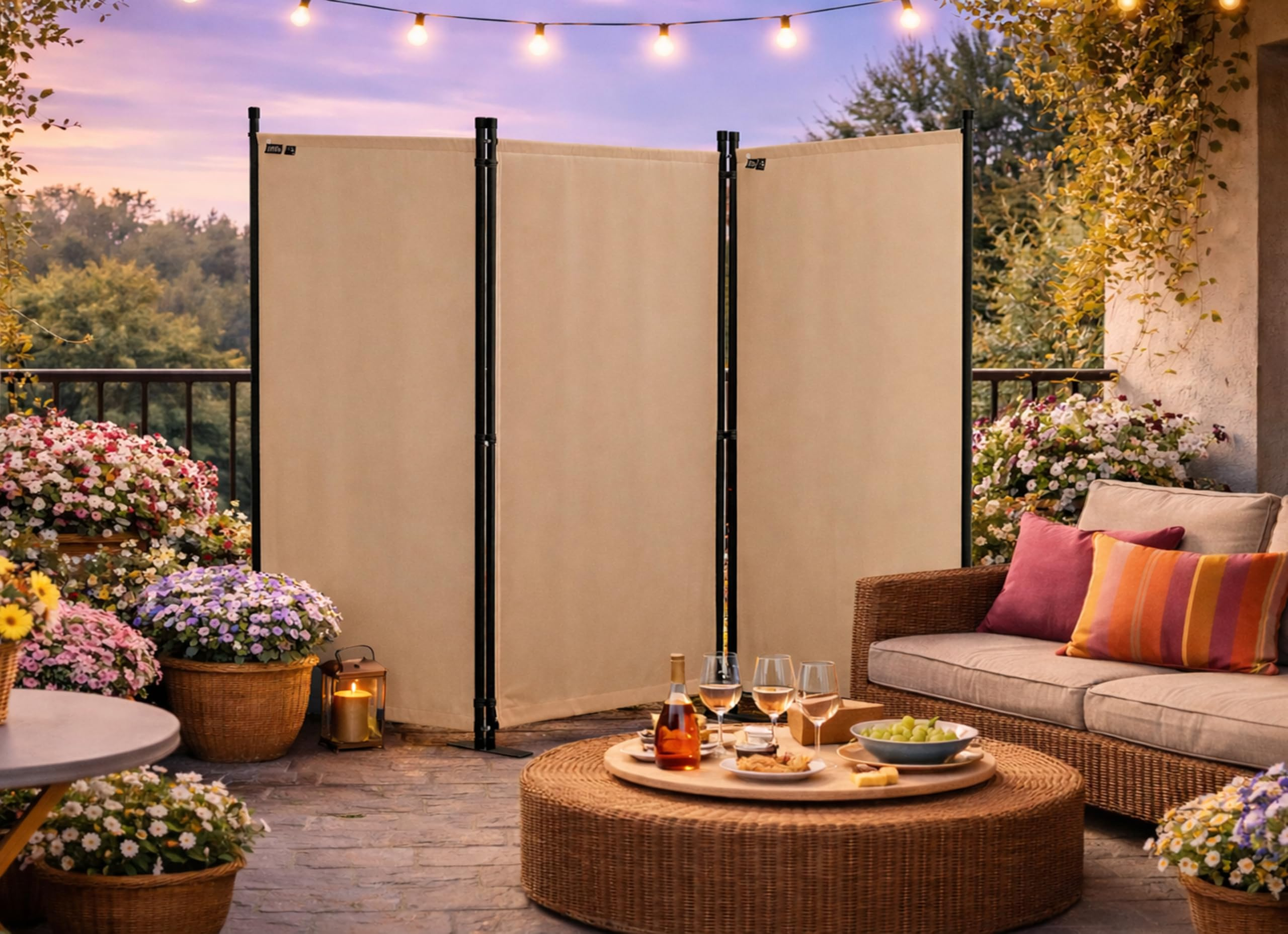 Beige Paravents auf einer Terrasse bei Dämmerung, mit Wein, Kissen und Blumenkoffern.