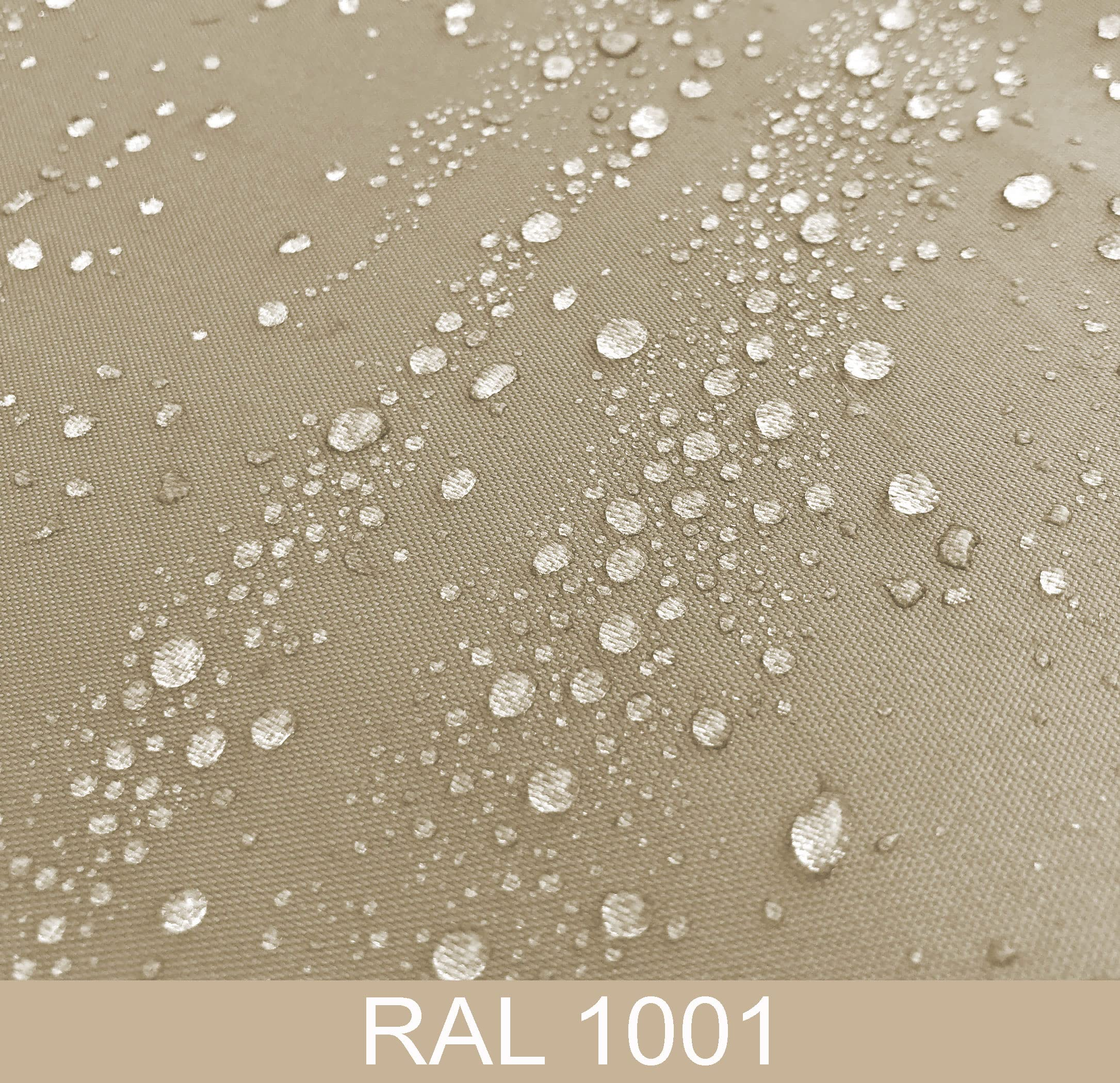 Wassertropfen auf einer beige Stoffoberfläche mit dem Text RAL 1001.