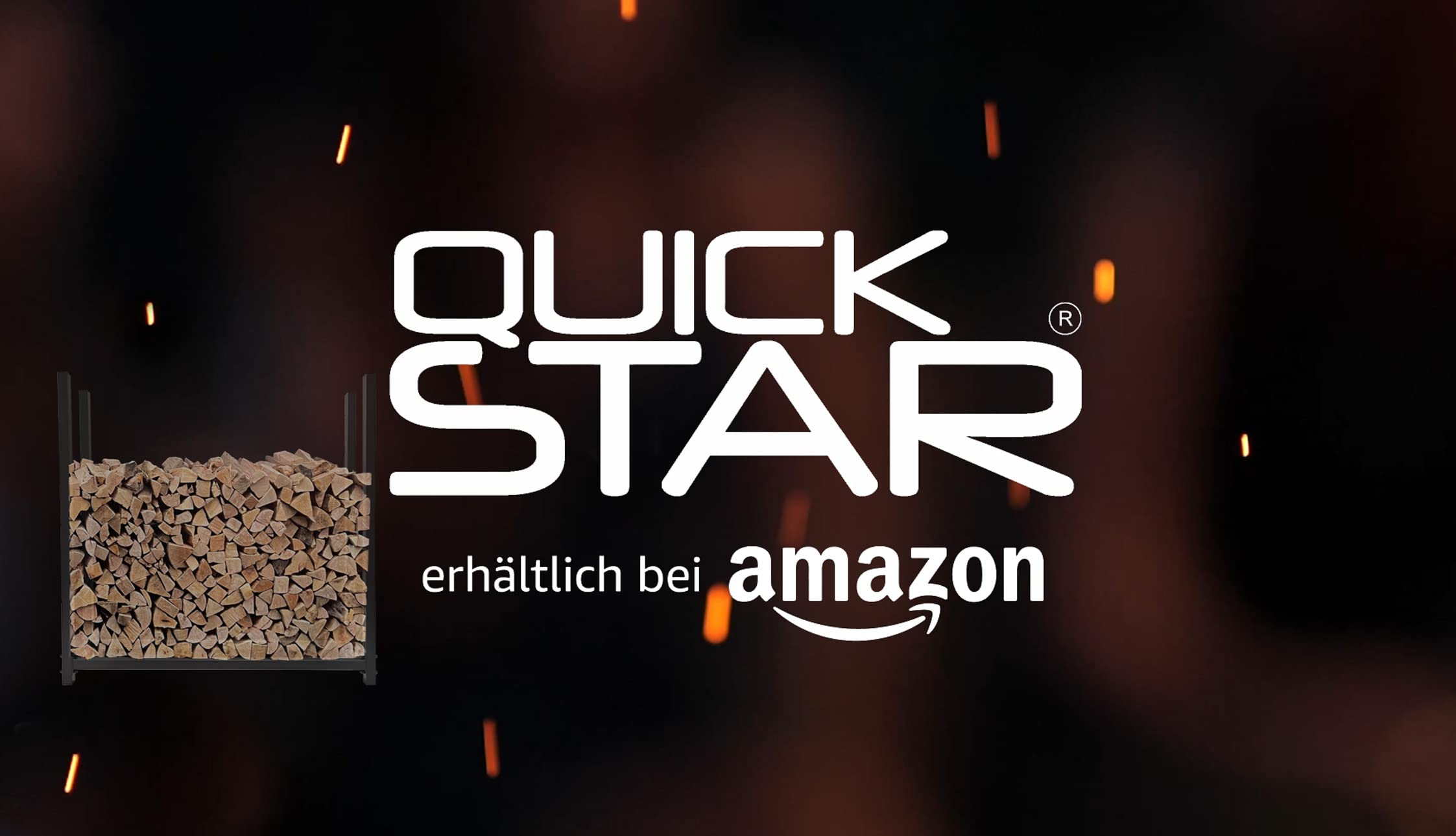 Logo Quick Star avec du bois de chauffage et des étincelles.