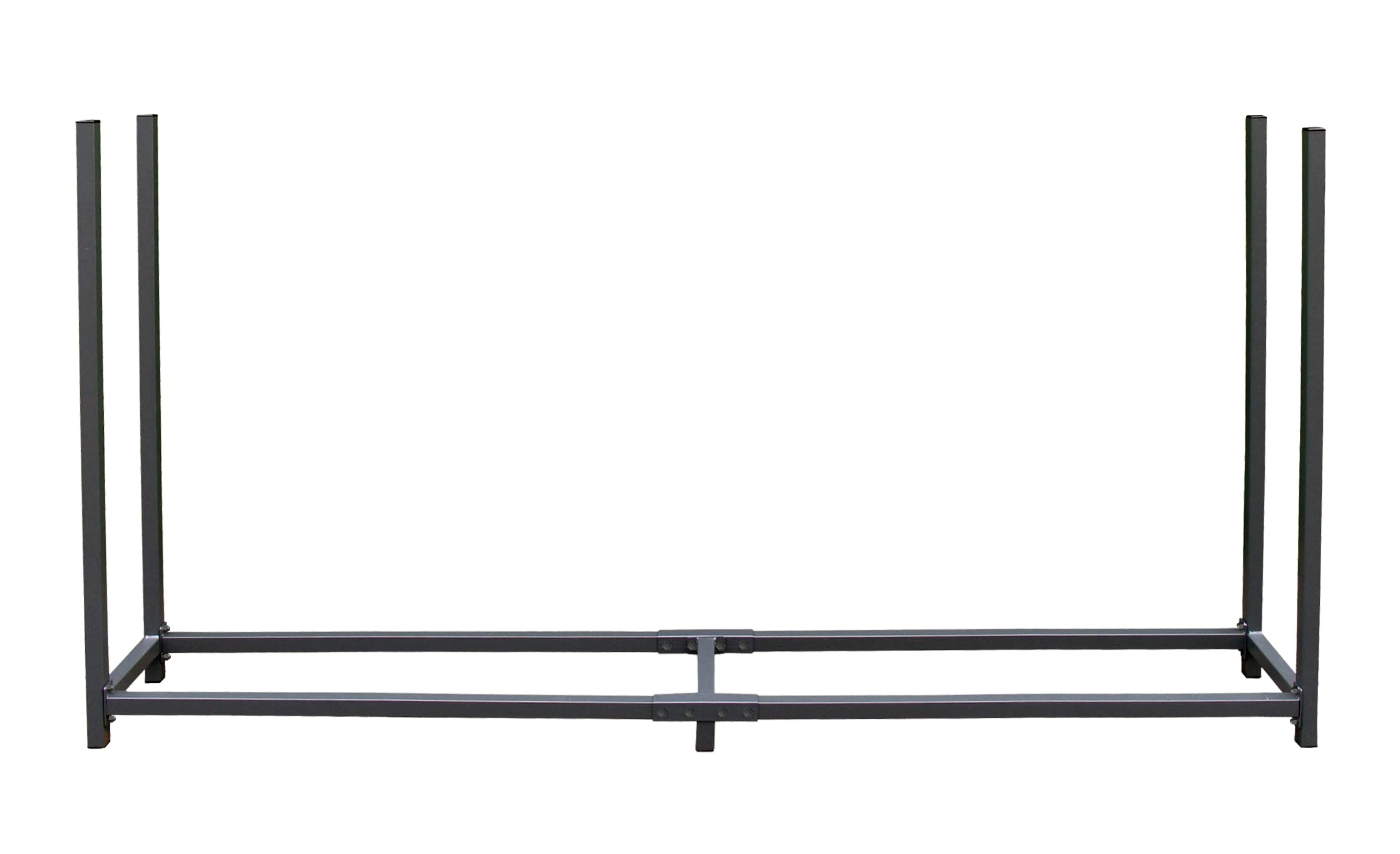 Un porte-bûches en métal noir avec des barres de support verticales sur fond blanc.