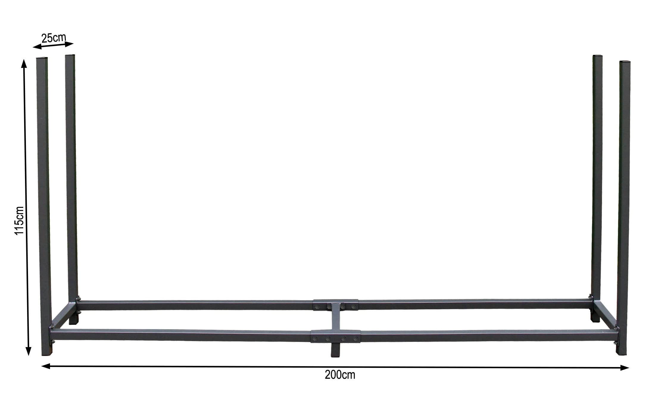 Un porte-bûches rectangulaire noir mesurant 200 cm de long, 115 cm de haut et 25 cm de profondeur.