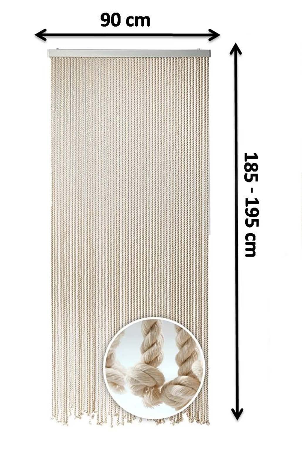 Beige Schnurgardine, 90 cm breit und 185-195 cm hoch, mit Detailansicht der Knoten.