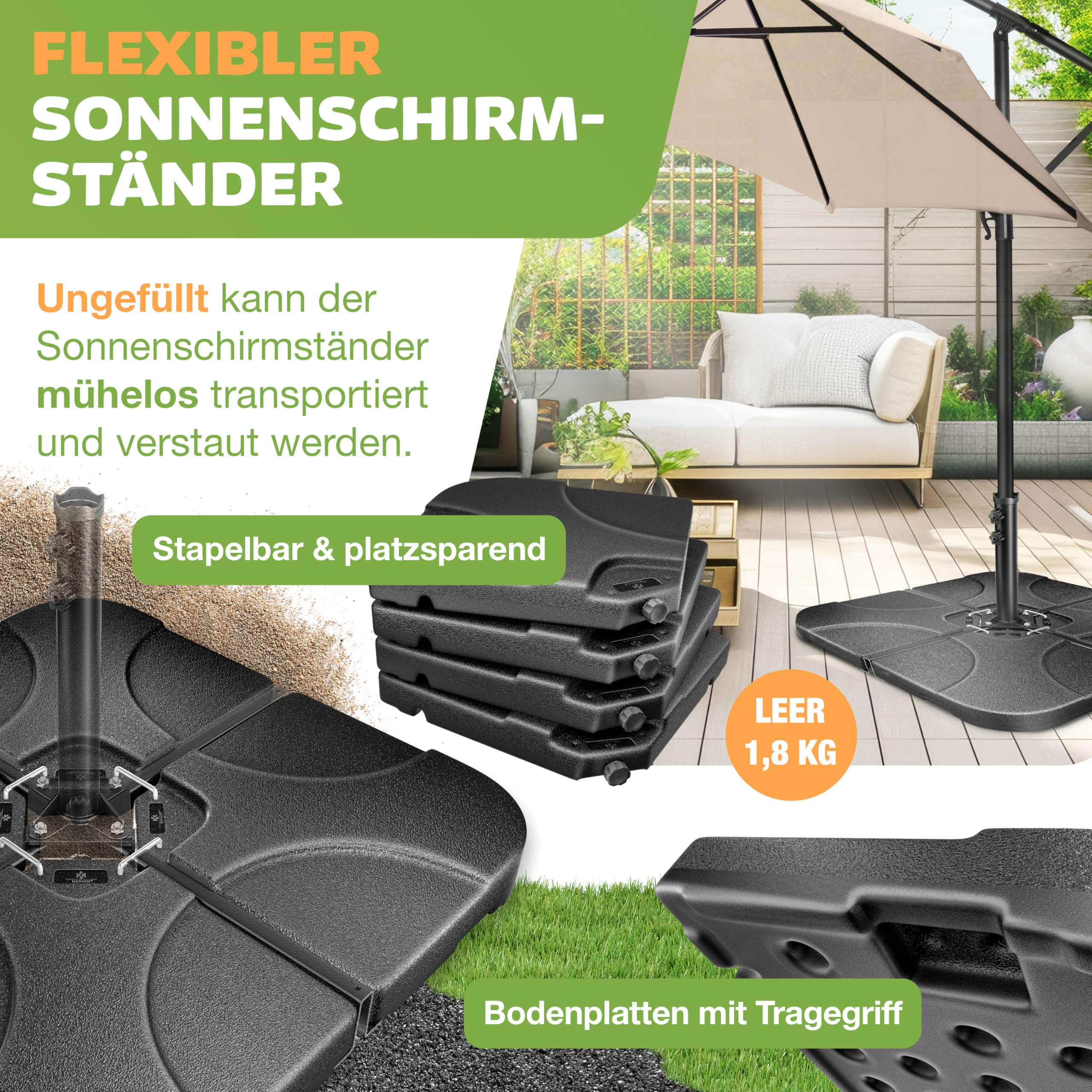 Paniers de base de parasol modulaires noirs empilés et remplis sur une terrasse.