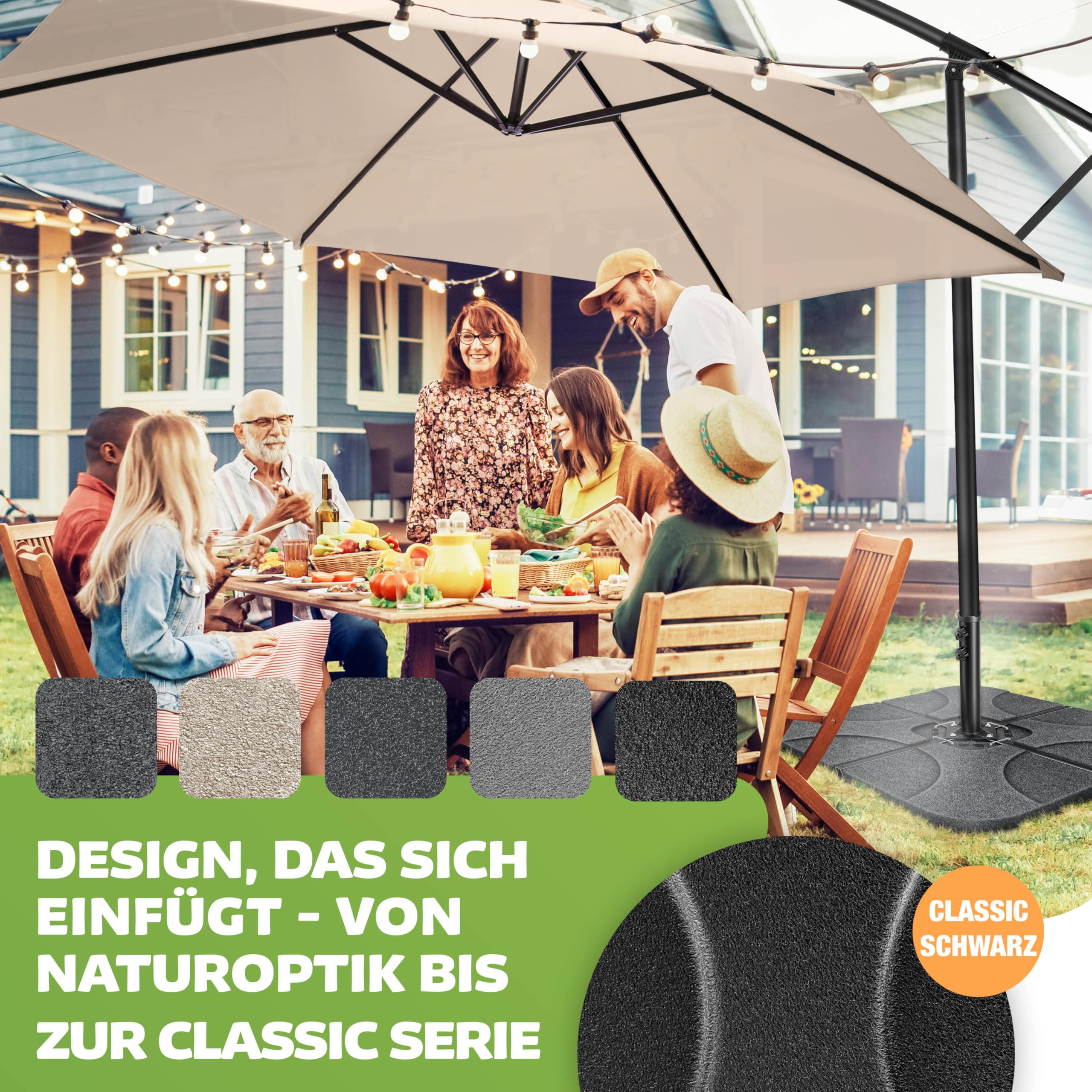 Une famille se réunit en plein air sous un grand parasol beige pour manger.