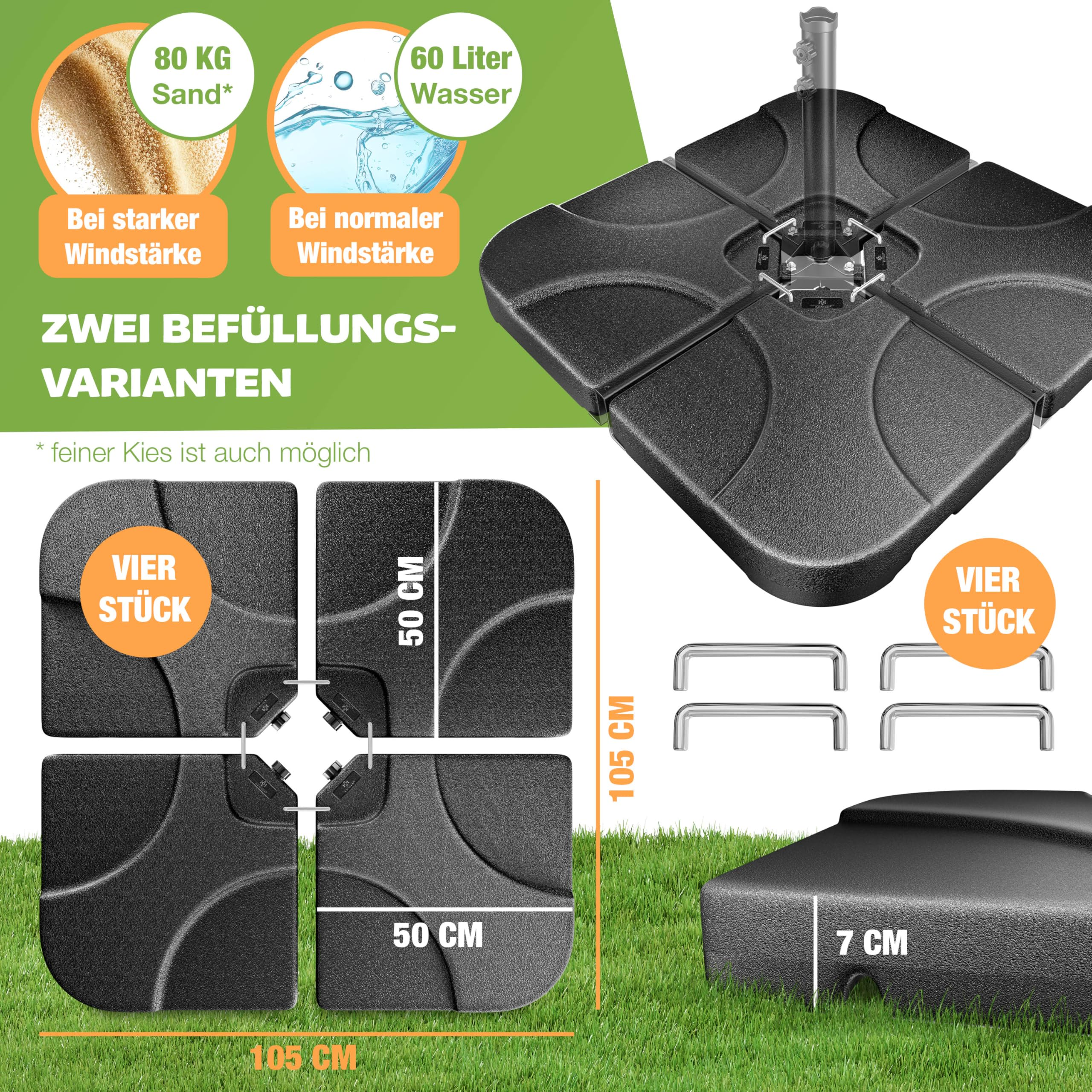 Un pied de parasol noir en quatre parties avec dimensions, options de remplissage sable ou eau.