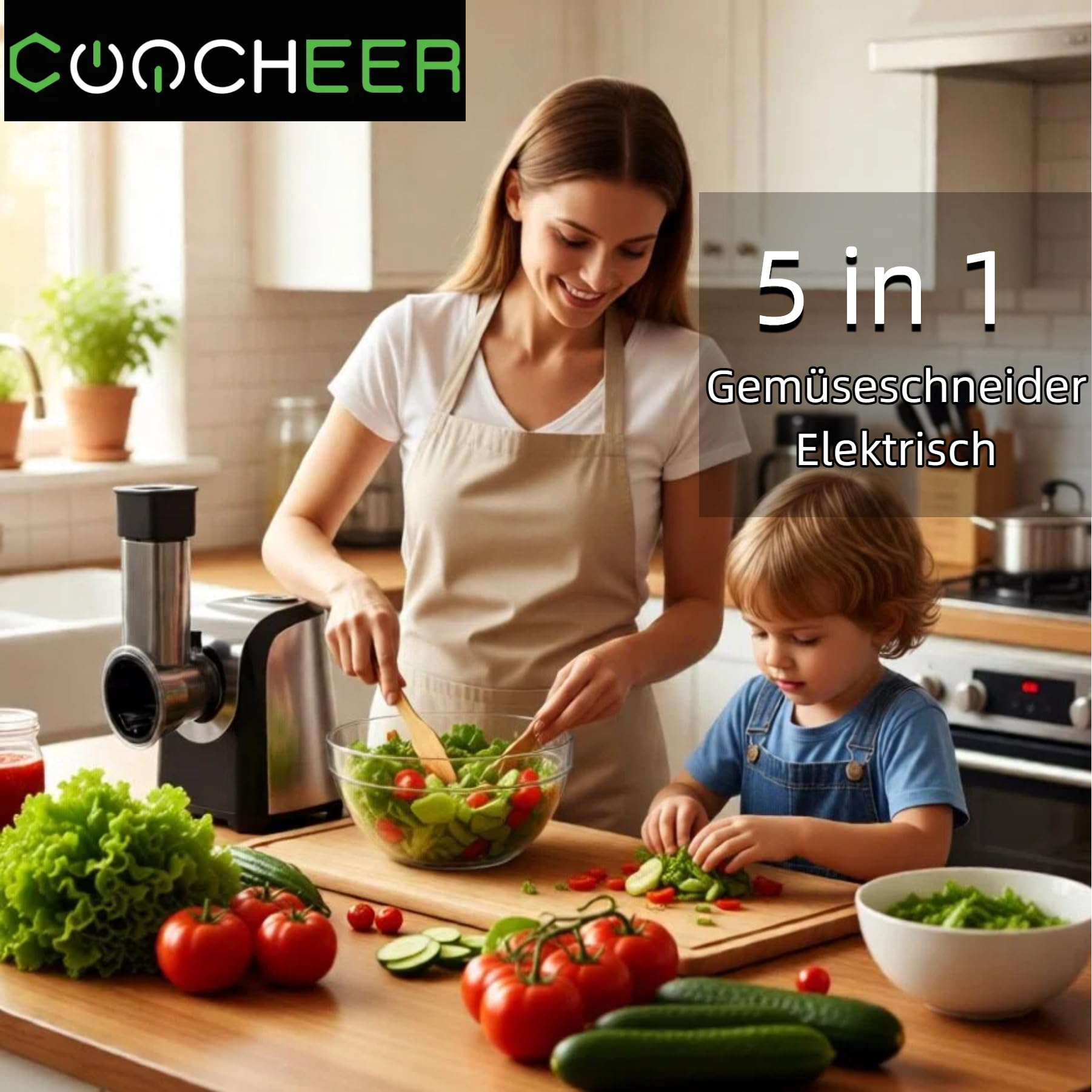 Una donna e un bambino preparano un'insalata in cucina con un tagliaverdure.