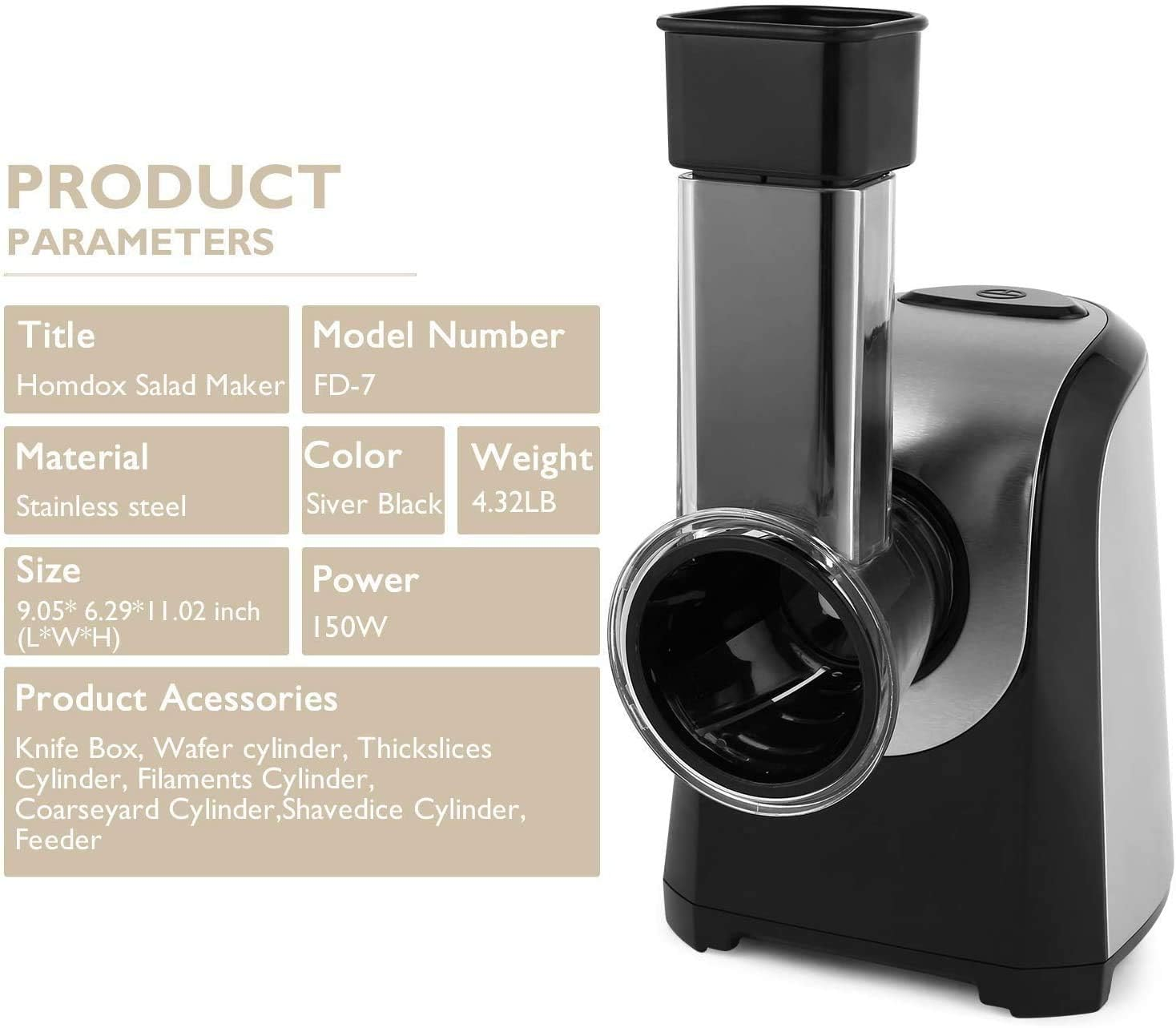 Parametri del prodotto Homdox Salad Maker e un elettrodomestico nero e argento.