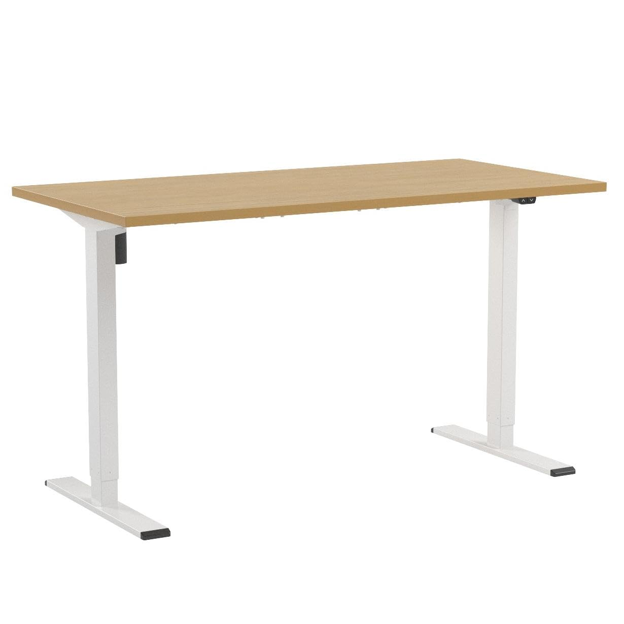 Un bureau debout moderne avec un plateau en bois clair et des pieds métalliques blancs.