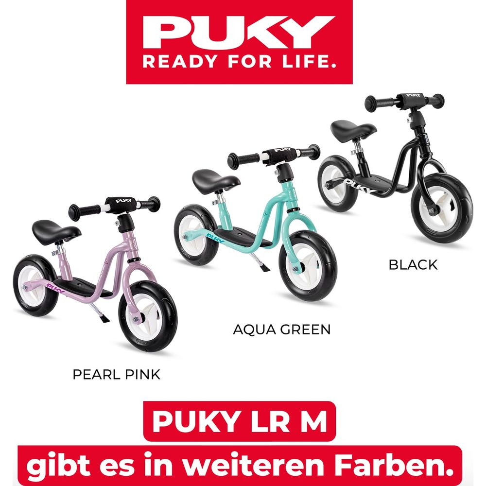 Trois draisiennes Puky LR M en Rose Perle, Vert Aqua et Noir sur fond blanc.