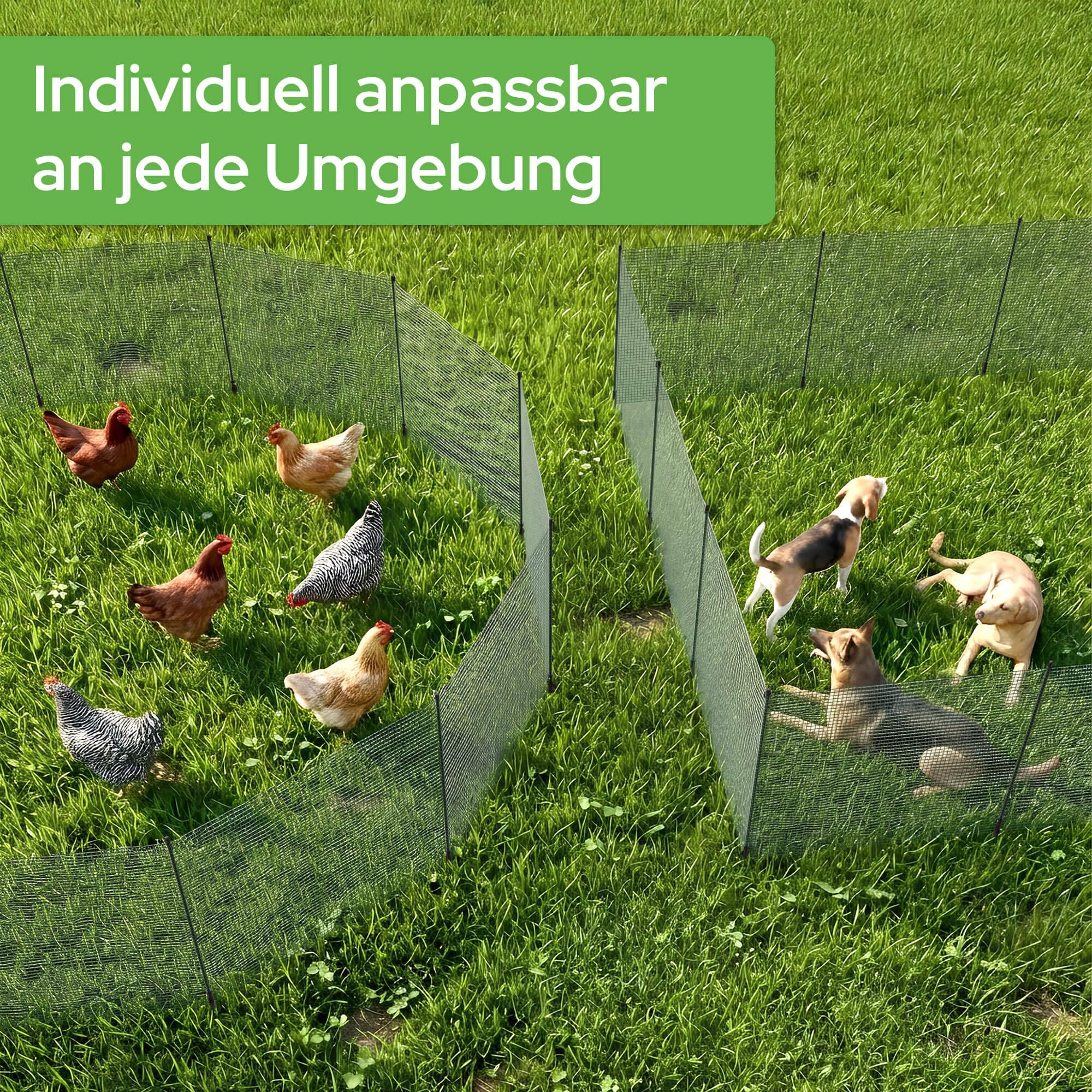 Enclos en filet vert sur gazon, à gauche avec des poules, à droite avec des chiens, avec du texte. Adaptable à tout environnement.