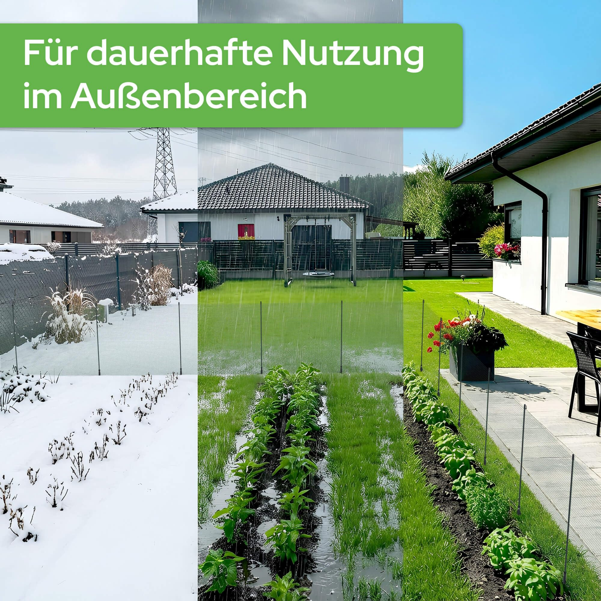 Un jardin à travers les saisons: neige, pluie et soleil, avec texte d'utilisation extérieure.