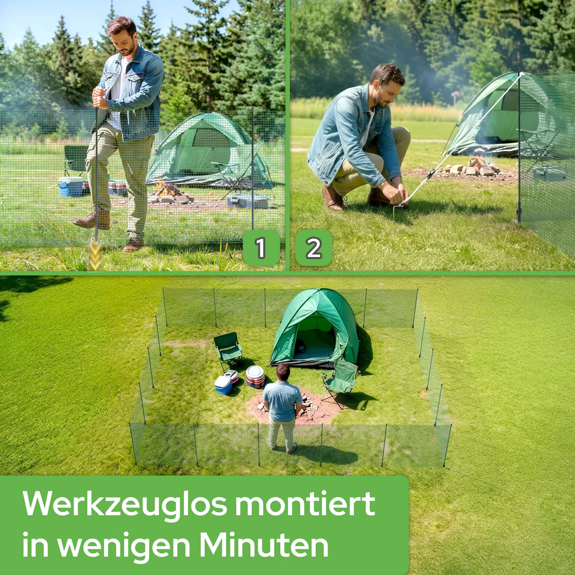 Un homme monte une clôture en filet vert autour d'un camping avec tente.