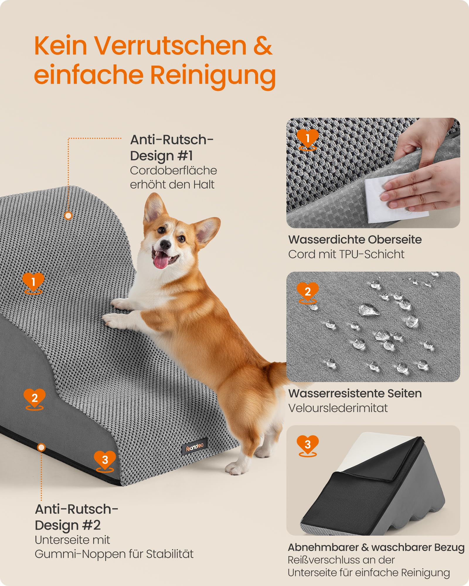 Un Corgi sur un escalier gris pour animaux, montrant des caractéristiques antidérapantes, étanches et lavables.