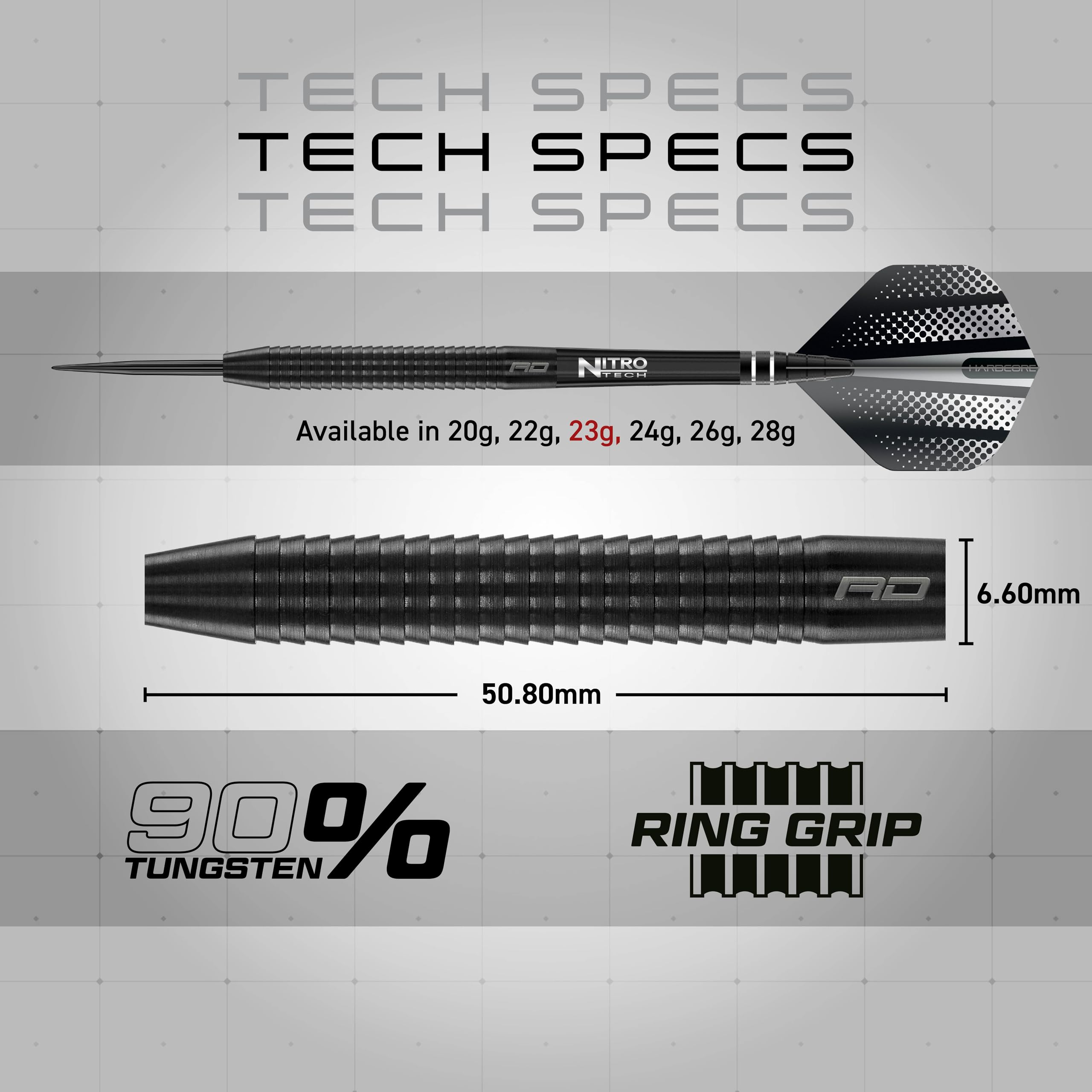 Specifiche tecniche di una freccetta nera con anelli, 90% tungsteno, lunghezza 50.80mm e diametro 6.60mm.