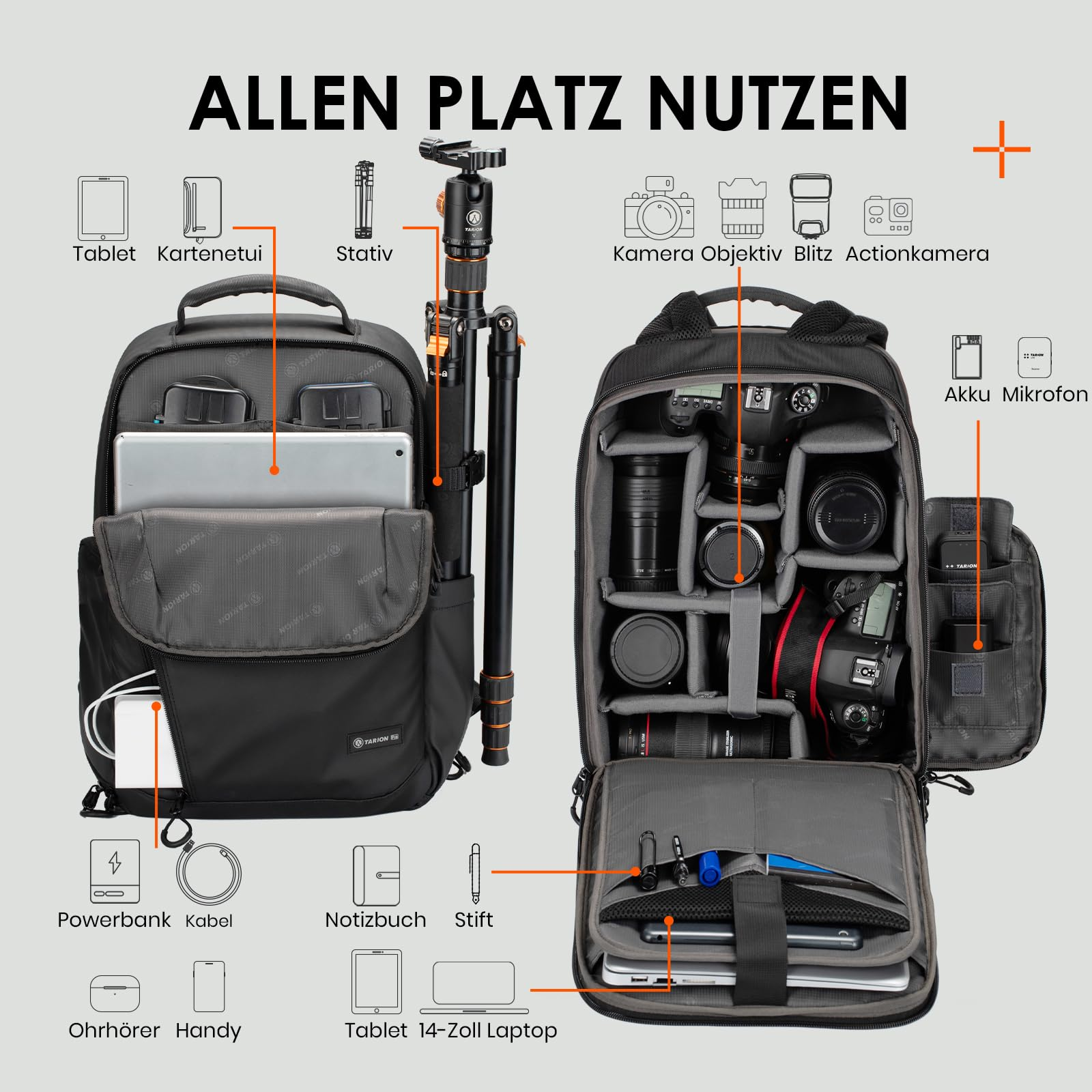 Ein schwarzer Kamerarucksack mit Fächern zur Aufbewahrung von Kameras, Objektiven, einem Tablet und Zubehör.