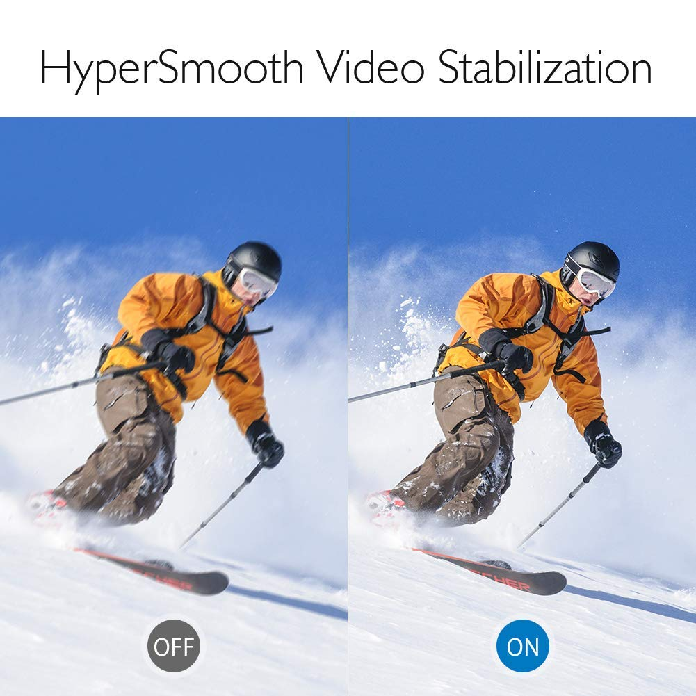Comparaison d'un skieur avec stabilisation désactivée à gauche et activée à droite.