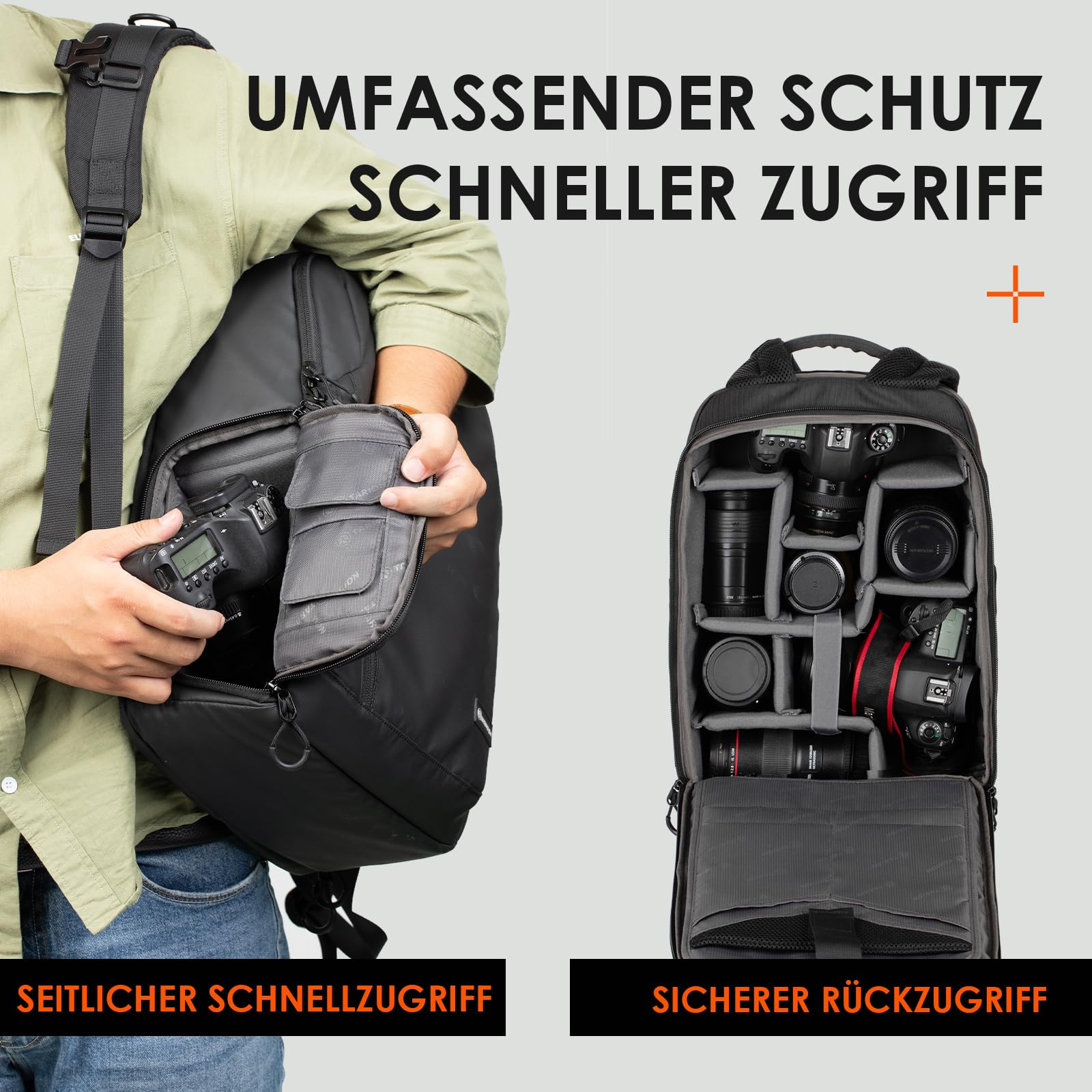 Ein Mann nimmt eine Kamera aus einem schwarzen Rucksack; rechts ist das Innenleben des Rucksacks mit Linsen gefüllt.