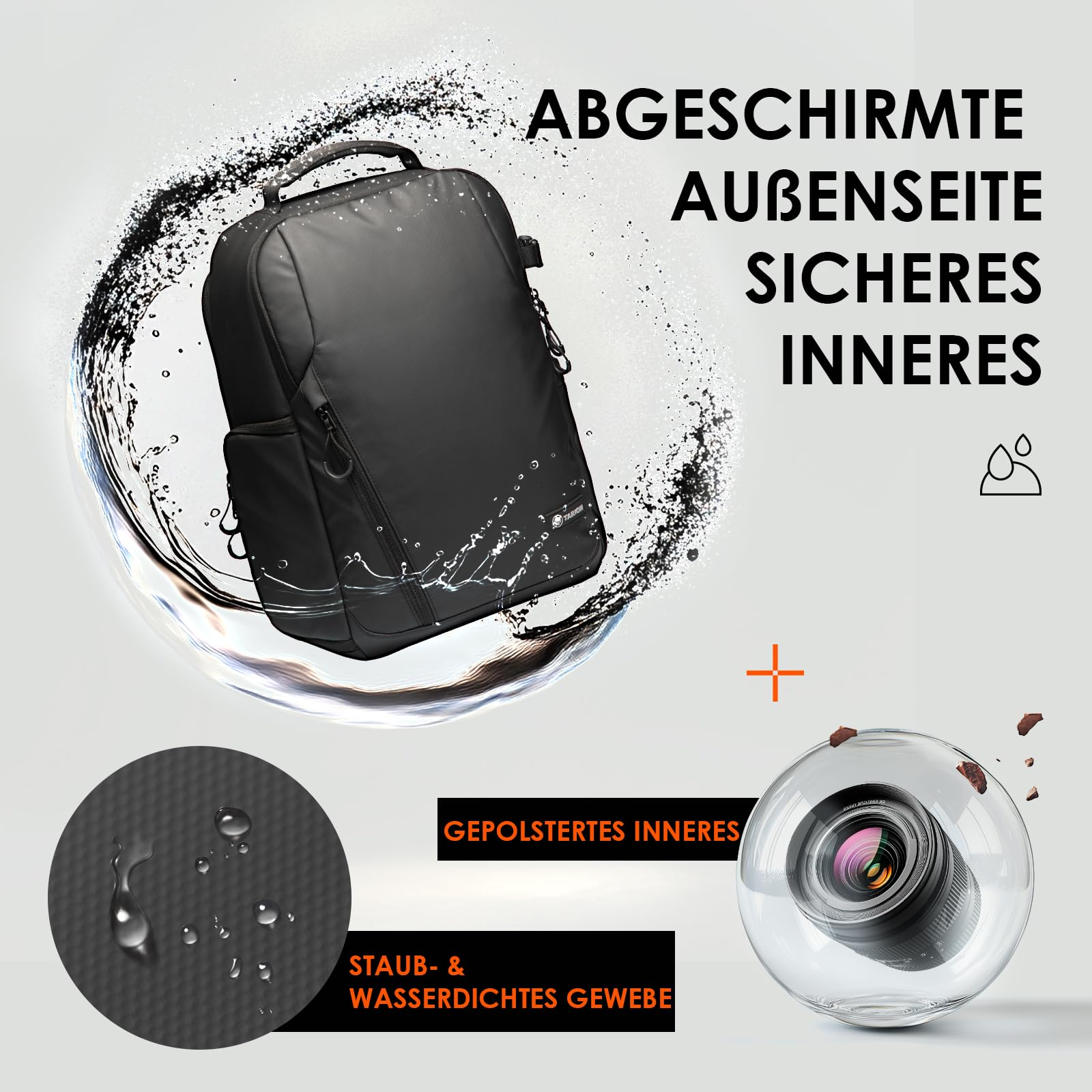 Wasserdichter schwarzer Kamerarucksack mit gepolstertem Innenraum und geschützter Kameraausrüstung.