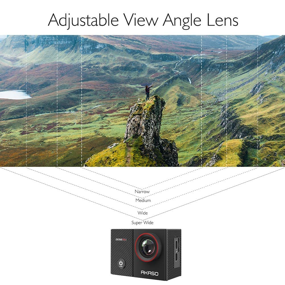 Une caméra d'action AKASO montrant des angles de vue réglables, d'étroit à super large, sur un paysage.