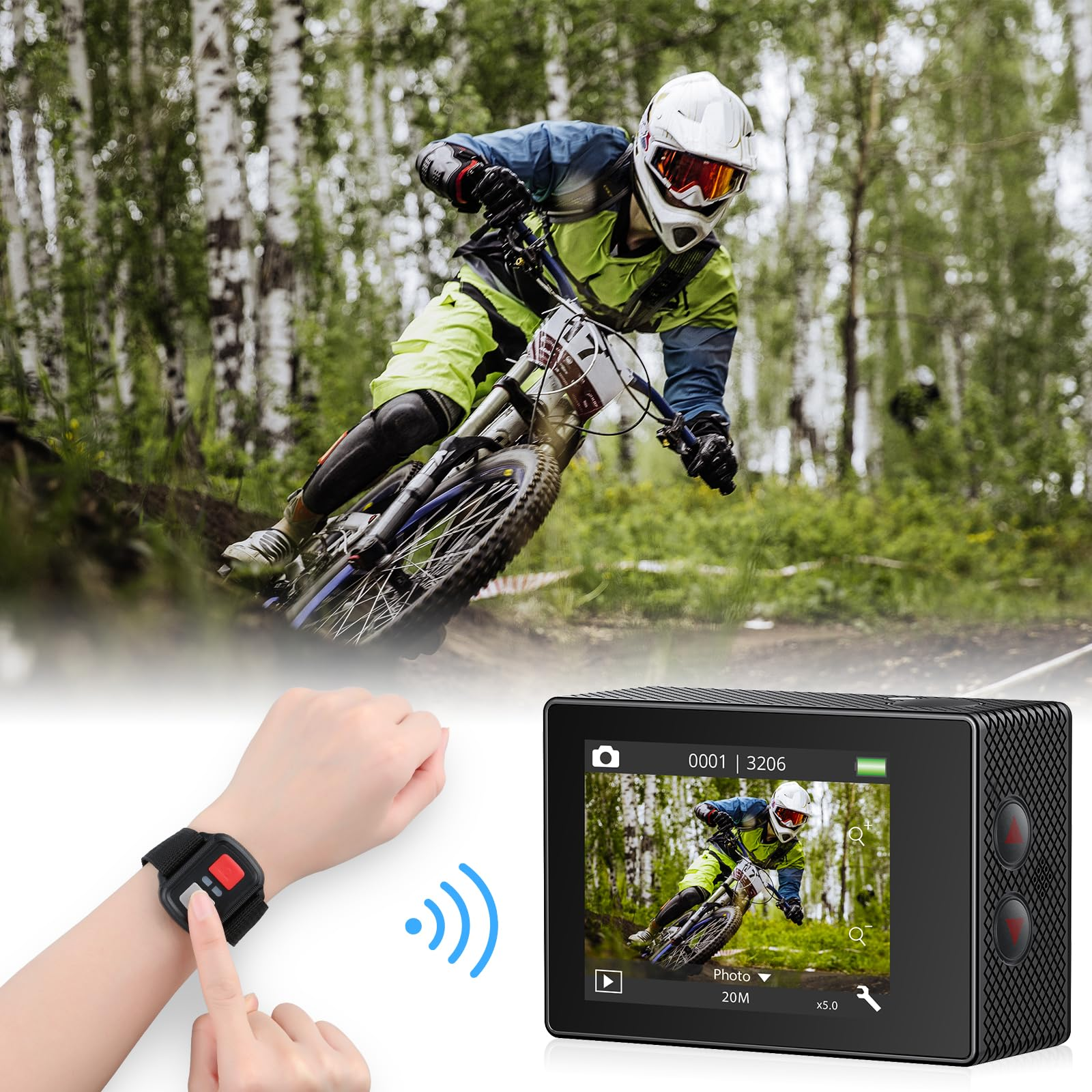 Une télécommande de poignet contrôle une caméra d'action montrant un vététiste en forêt.