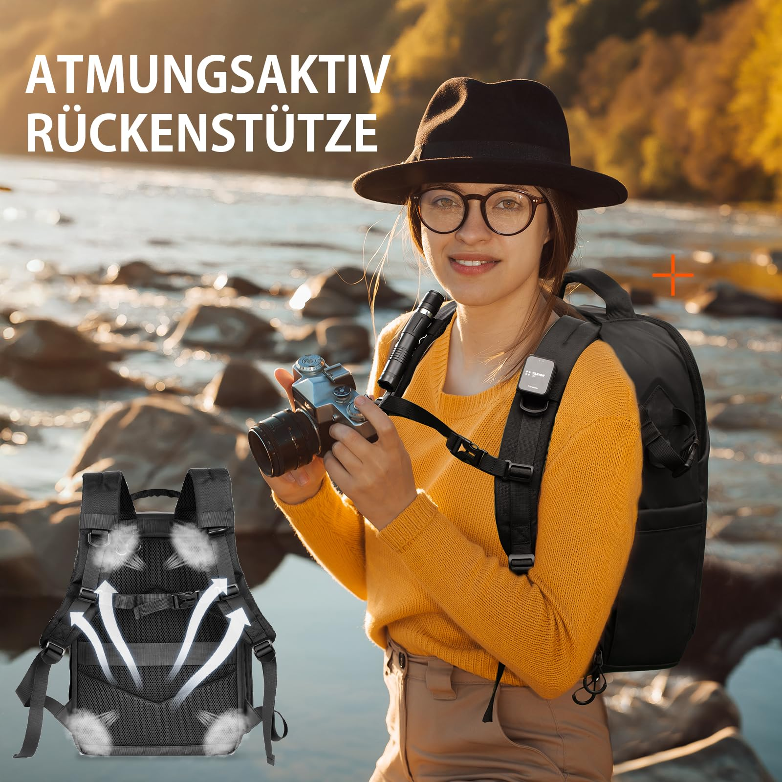 Eine Frau mit gelbem Pullover und Hut hält eine Kamera, mit einem schwarzen Rucksack und Luftstromgrafiken.