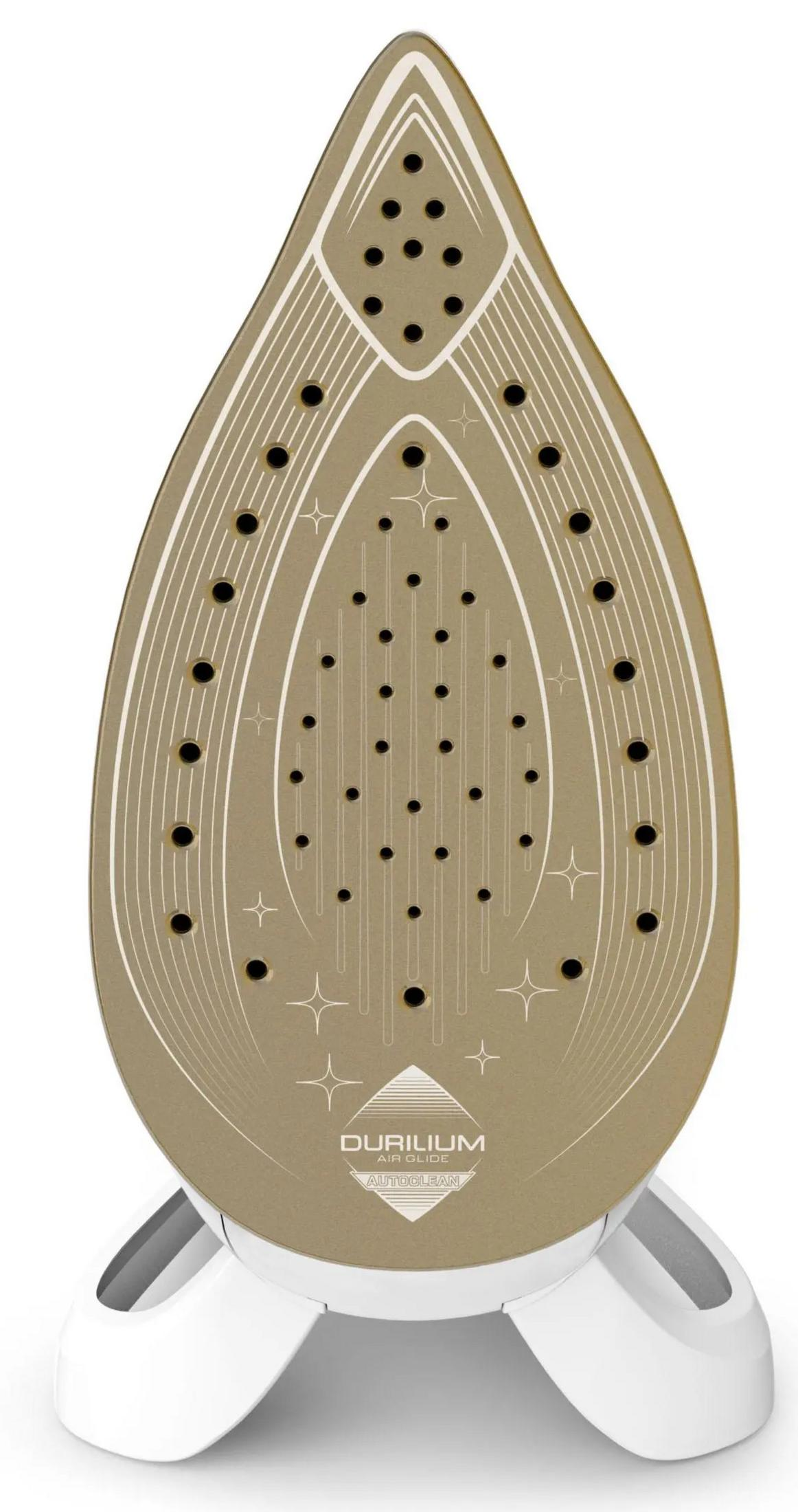 Goldfarbene BÃ¼geleisensohle mit DampflÃ¶chern und dekorativen Mustern.