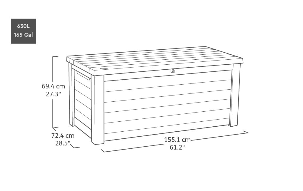 Technische Zeichnung einer rechteckigen Gartenbox mit Maßen von 155,1x72,4x69,4 cm und 630L Fassungsvermögen.