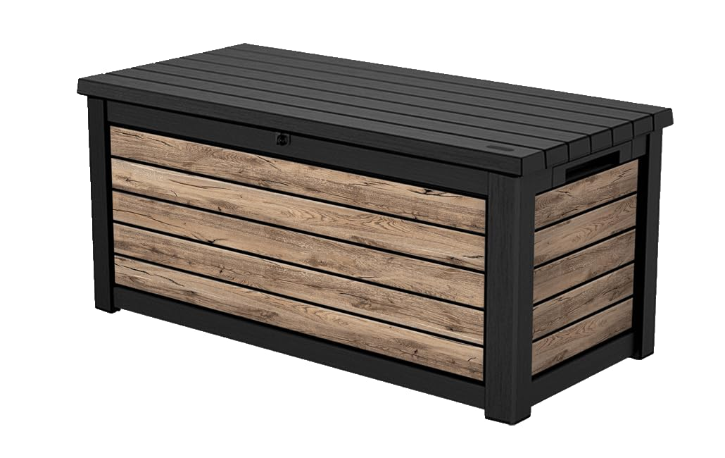 Eine rechteckige Aufbewahrungsbox für den Außenbereich mit schwarzem Rahmen und Deckel sowie Holzmaserungs-Paneelen.
