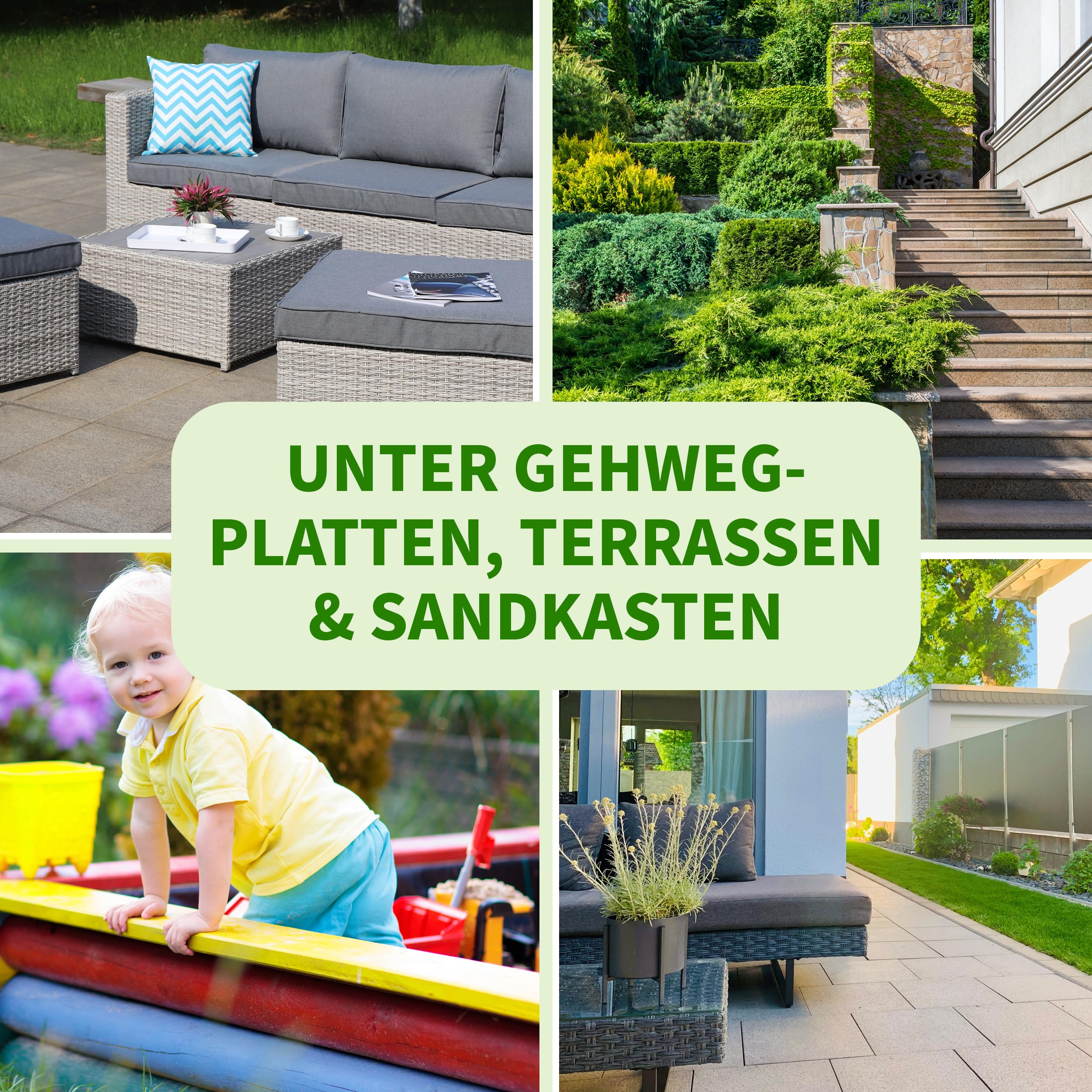 Collage montrant des idées de jardin avec patio, escalier, enfant et meubles.