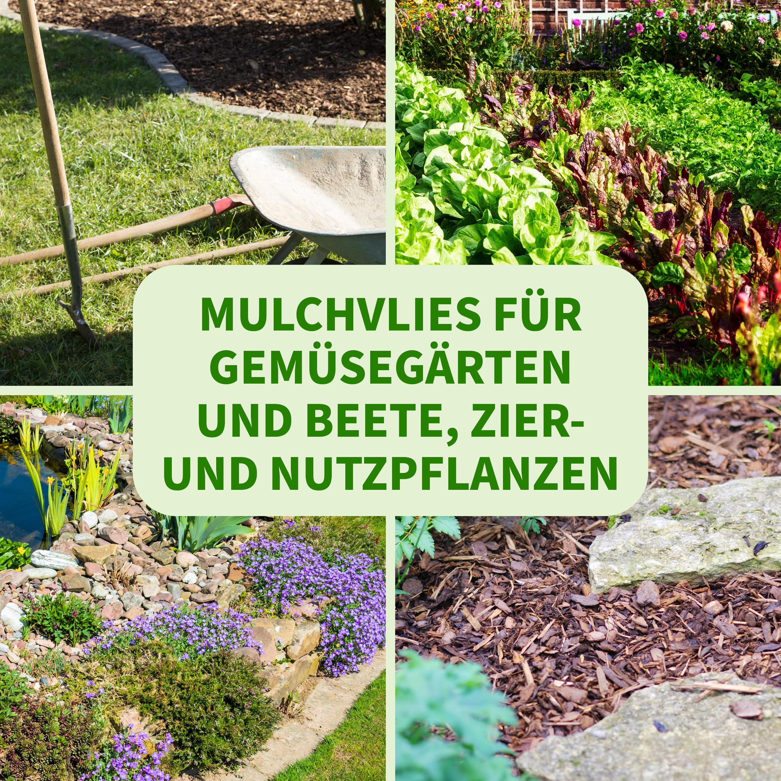 Collage de quatre photos de jardin avec texte vert sur fond clair au centre.
