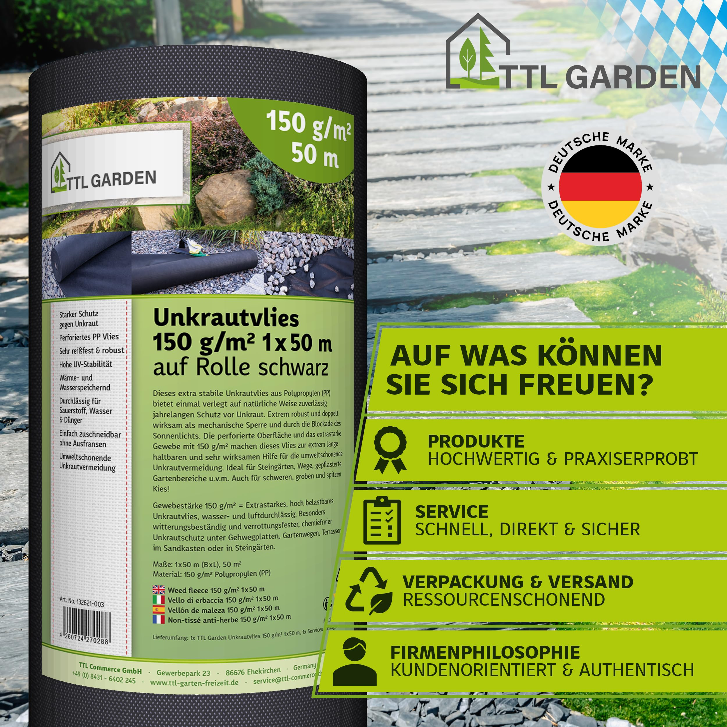 Publicité pour un géotextile noir TTL Garden avec logo de marque allemande.