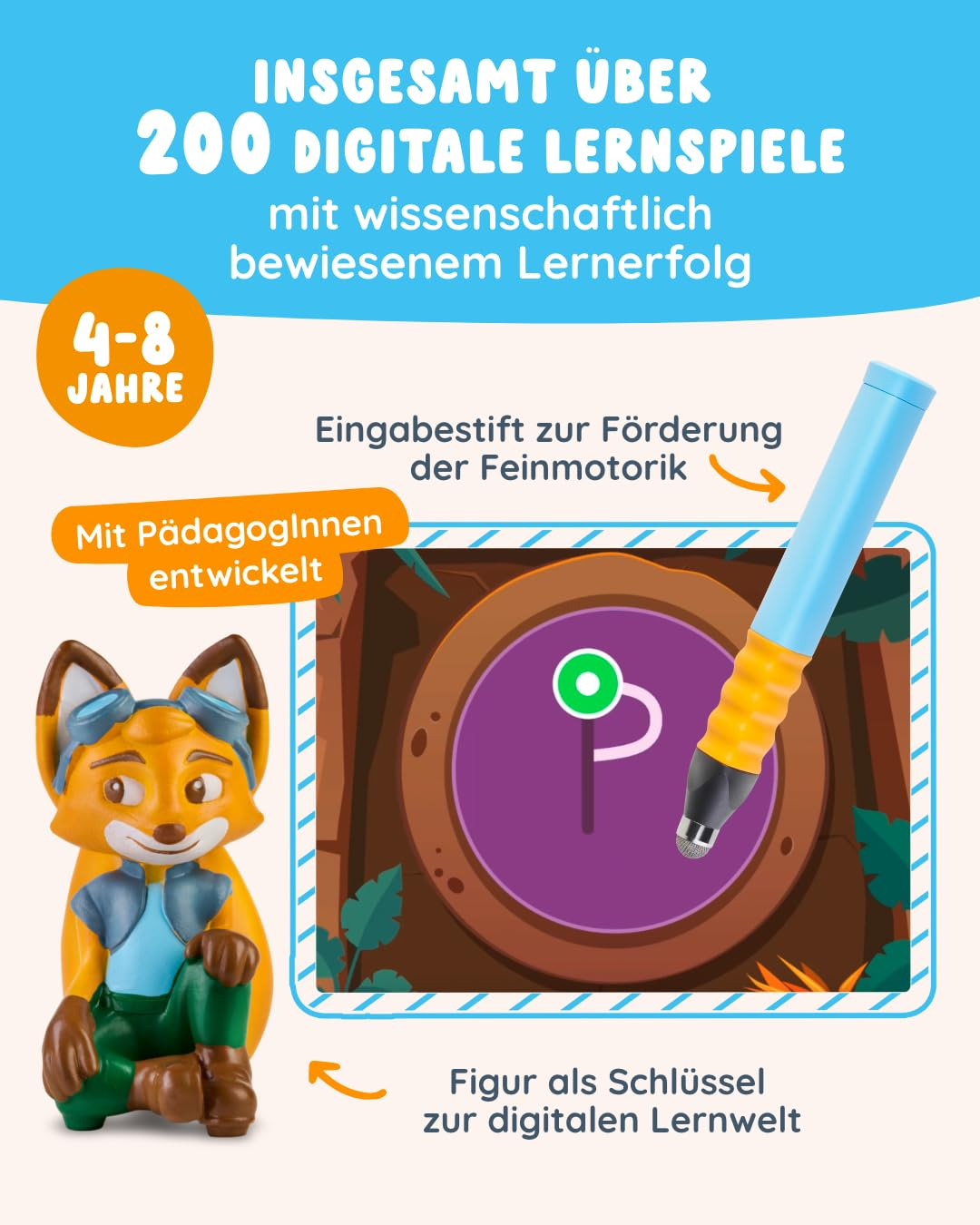 Un annuncio di gioco educativo con una statuetta di volpe e uno stilo su sfondo blu.