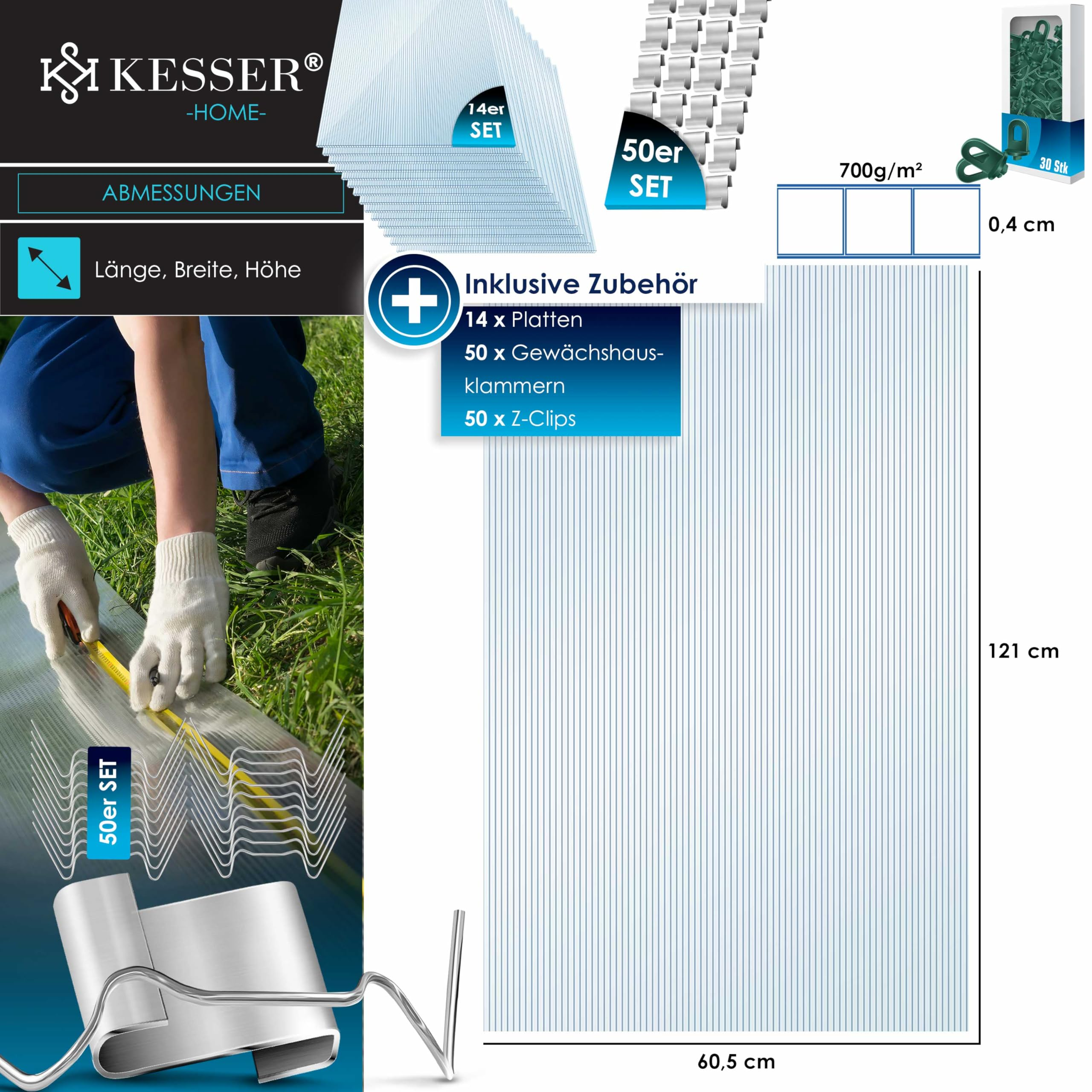 Infografik zeigt Kesser Gewächshausplatten mit Maßen 121x60,5x0,4 cm, Klammern und Montageschritten.