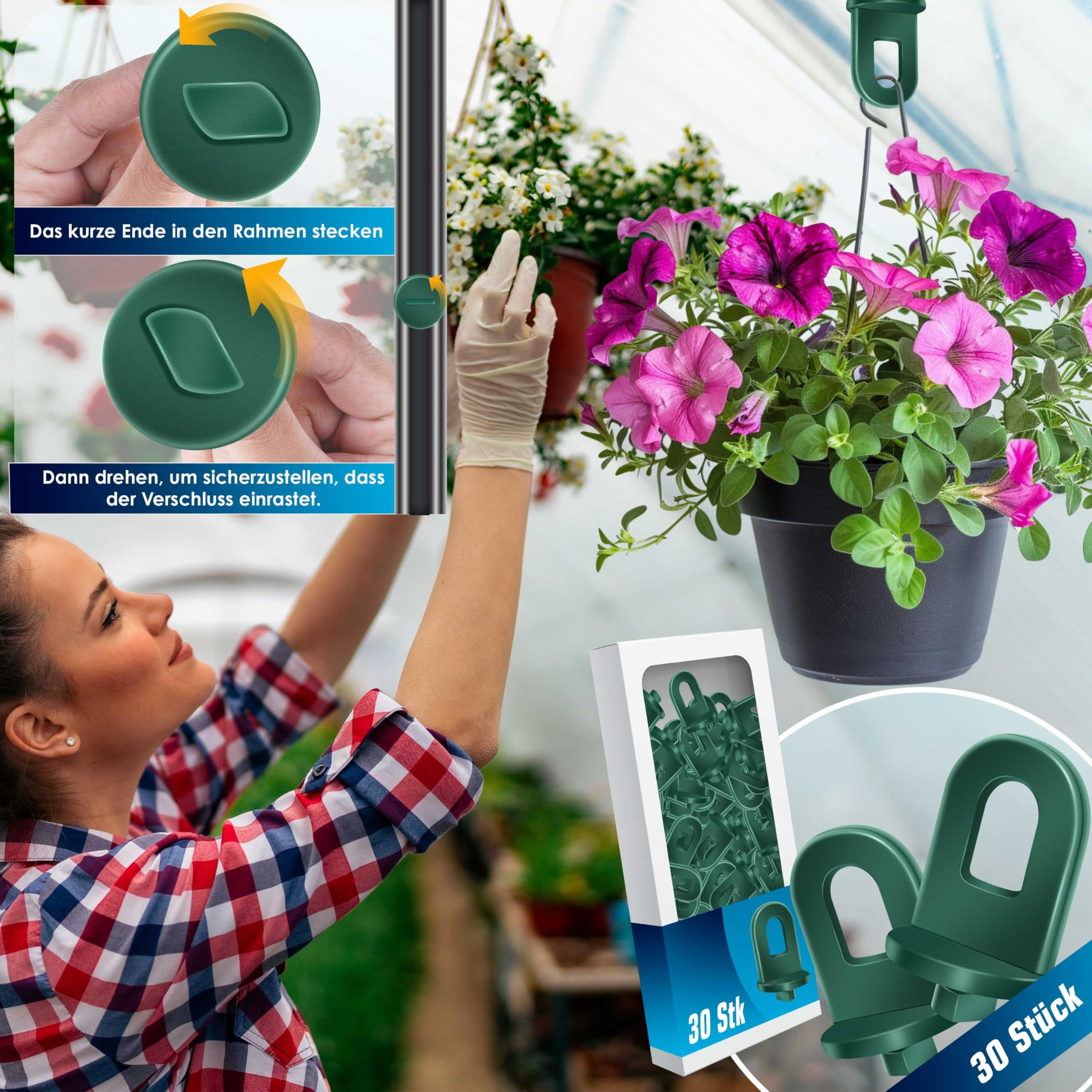 Frau befestigt Blumenampel im Gewächshaus mit grünen Clips.