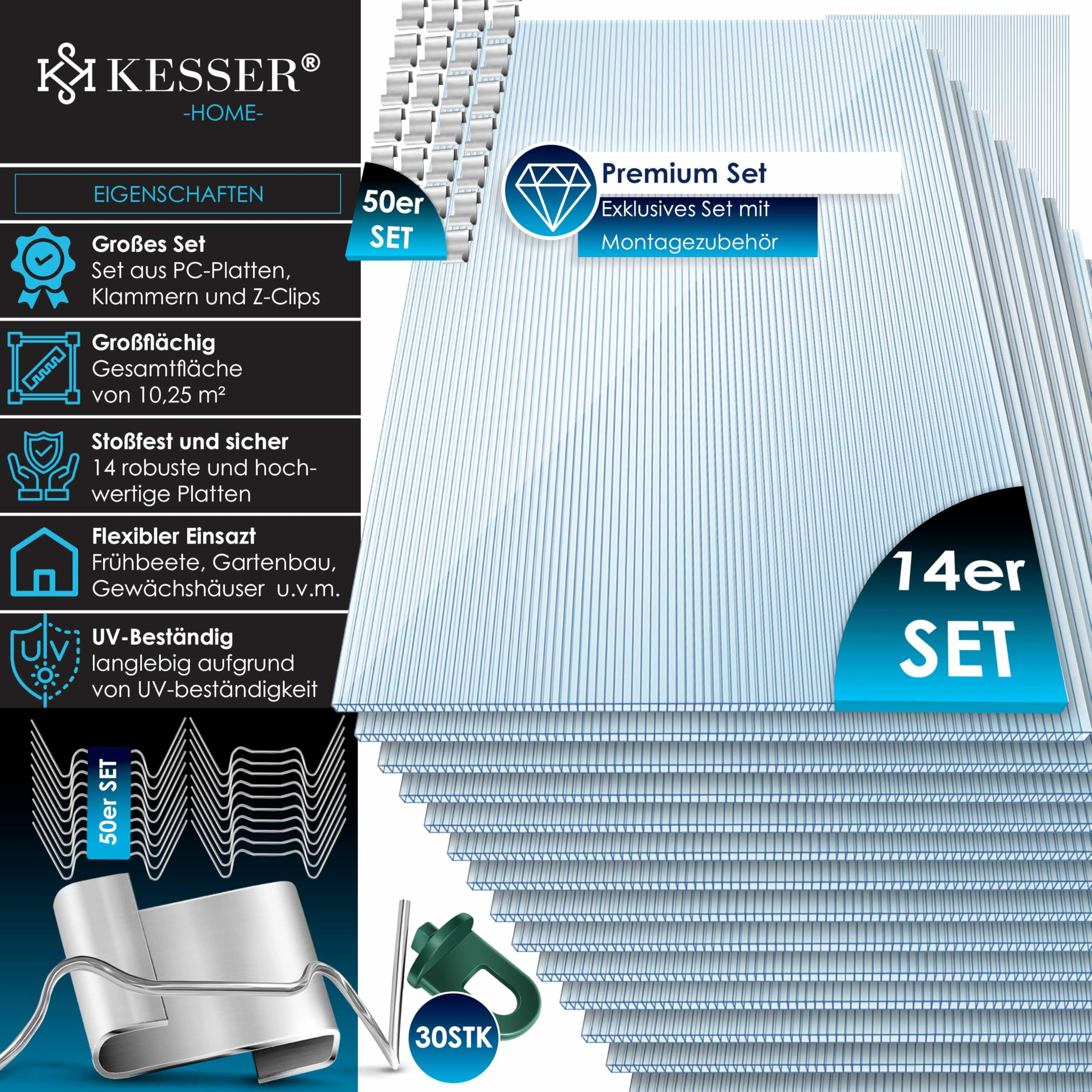 Stapel transparenter Polycarbonat-Gewächshausplatten mit Metallklammern und Text.